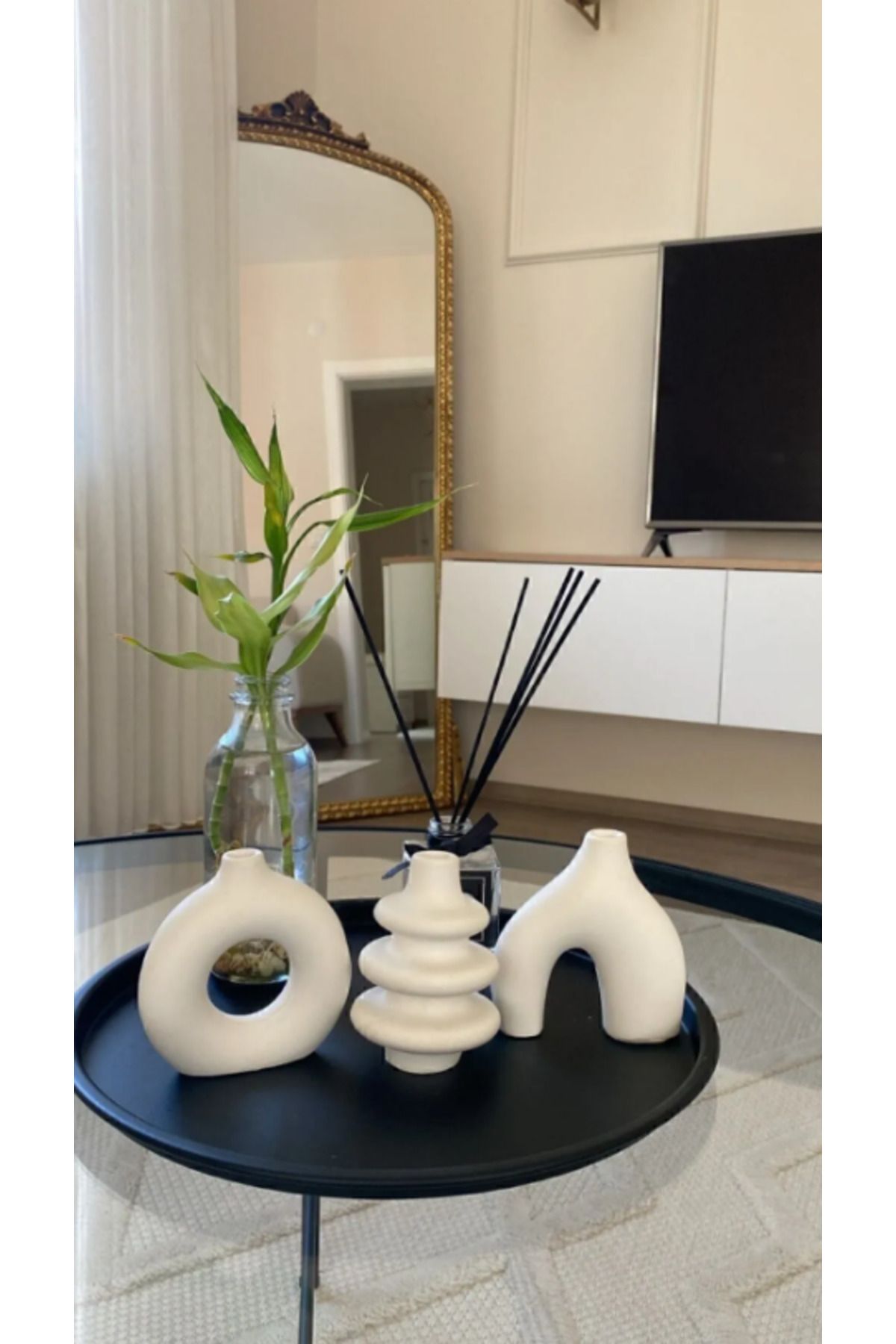 10 Cm 3'lü Minimal Dekoratif Bohem Vazo Set | Beyaz | - | Og-8|