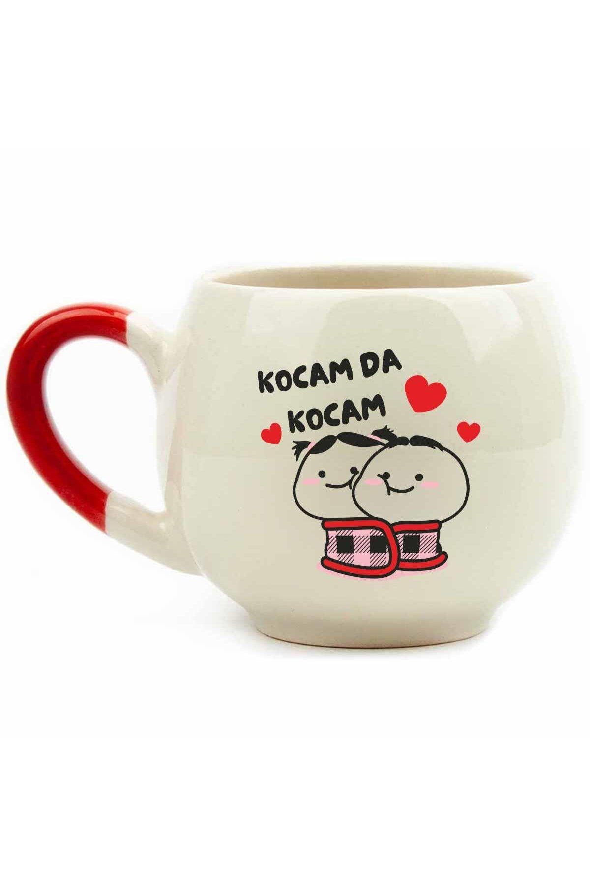 Kocam Da Kocam Krem Parlak Balon Kupa (Kırmızı Kulp) - Hediye Seramik Kupa