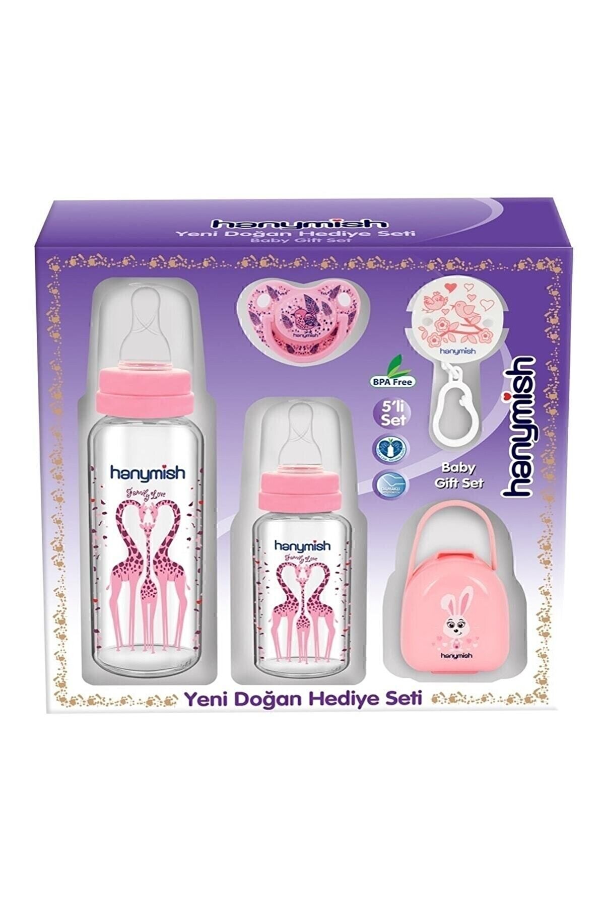 Yenidoğan Bebek Cam Biberon Emzik Seti Hediye Seti 5'li - Pembe - Kız