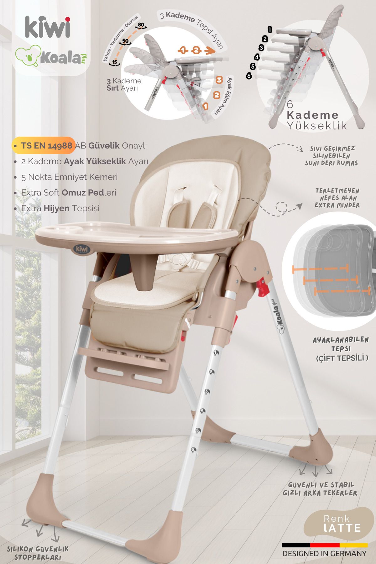 Koala Mama Sandalyesi Portatif Katlanır Yükseklik Ayarlı Tekerlekli İçi Pedli - Latte Renk