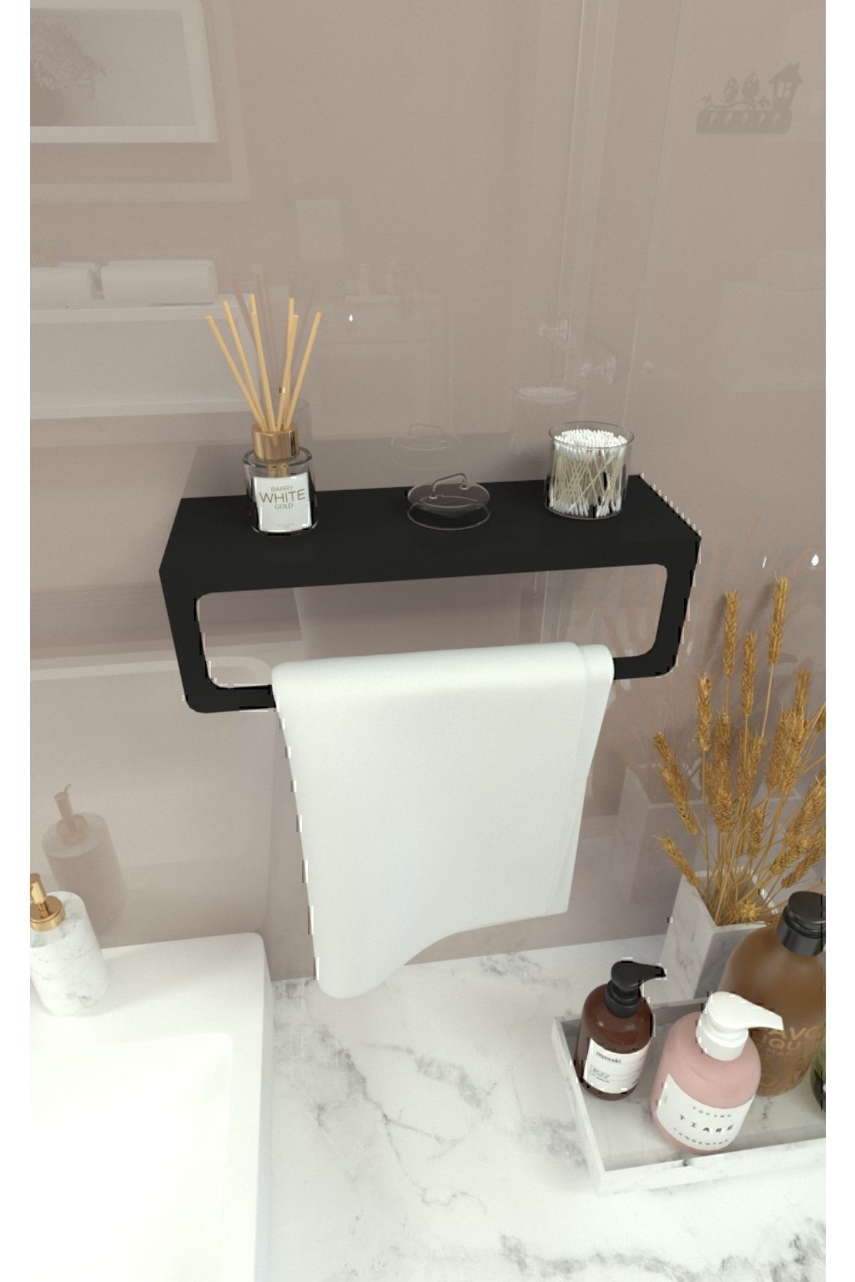 Havlu Tutacağı Raf Metal Havlu Askıs Mutfak Banyo Raflı Havluluk Modern Raflı Havluluk 30cm Siyah