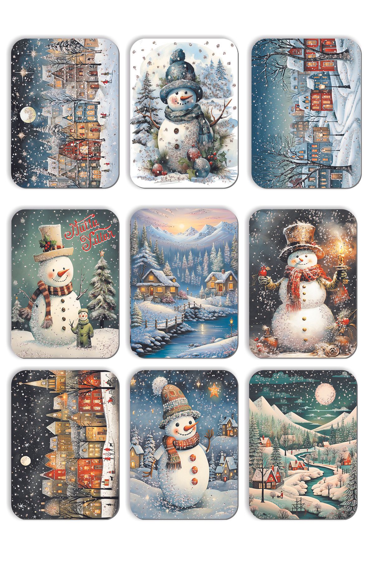 9lu Simli Yılbaşı Kartpostal Seti Yeniyıl Manzara Kardan Adam Nostalji