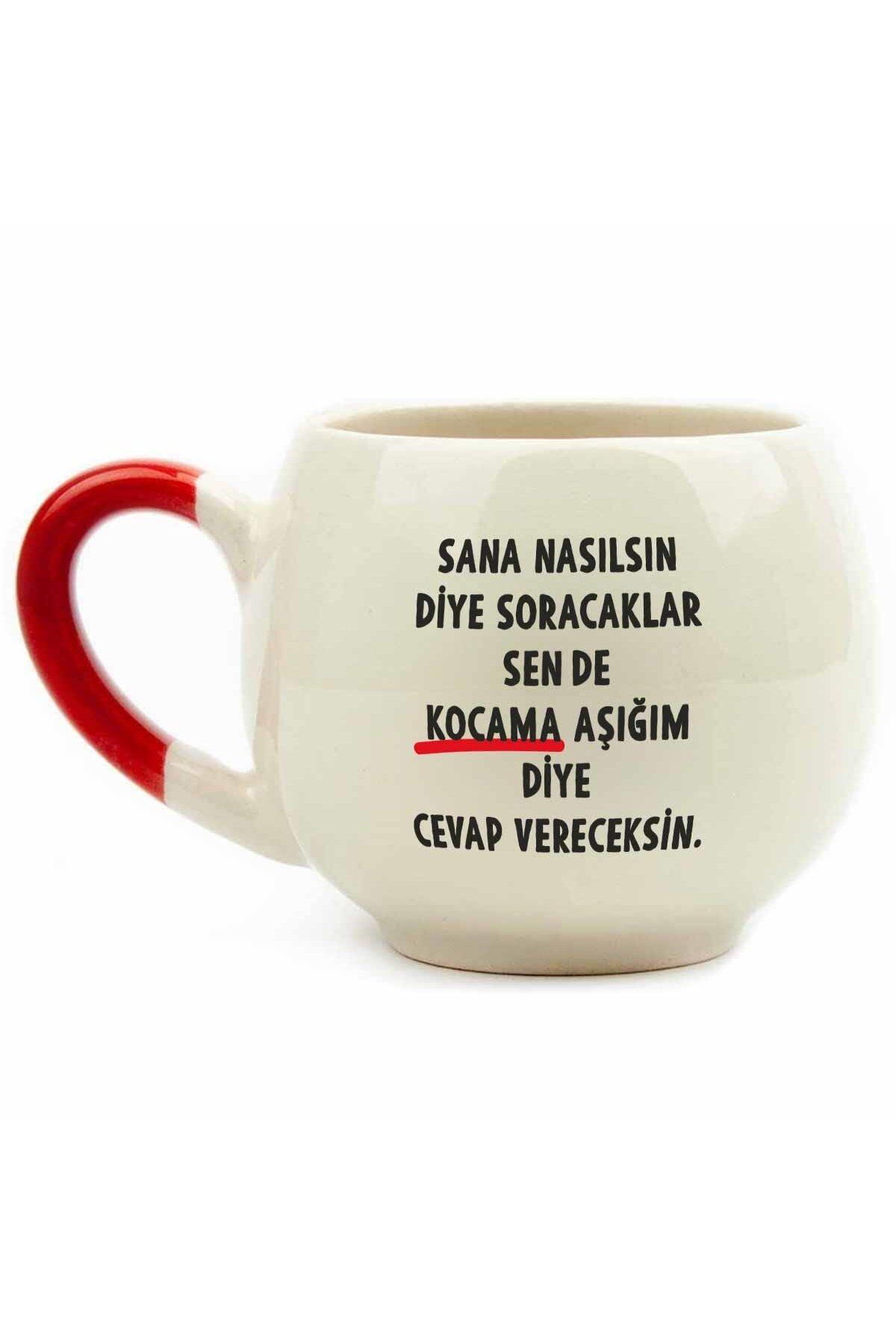 Kocama Aşığım Diye Cevap Vereceksin Krem Parlak Balon Kupa (Kırmızı Kulp) - Hediye Seramik Kupa