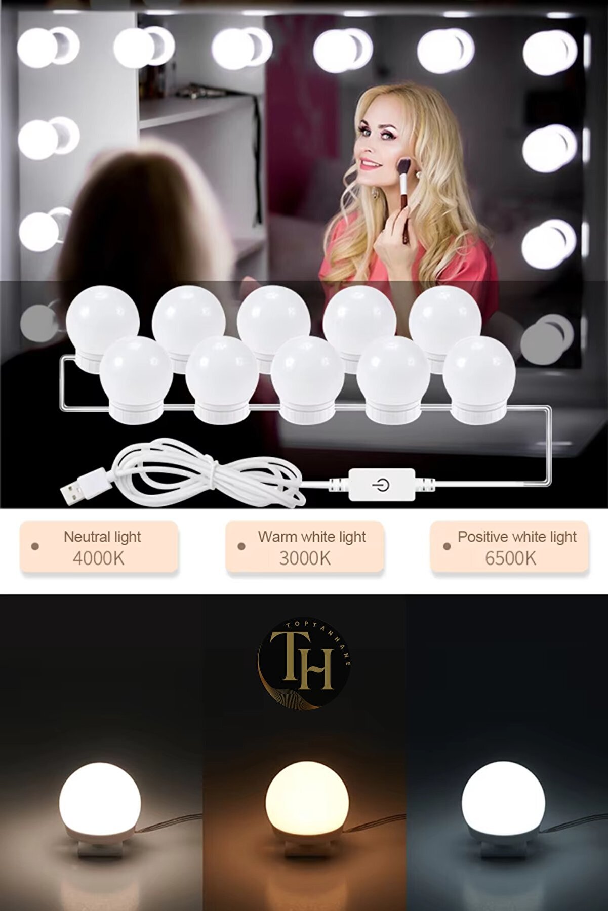 Makyaj Aynası Işığı 10'lu Hollywood Tarzı Ayna Led Işık Usb'li Nostaljik Aydınlatma Ledi Banyo Işığı