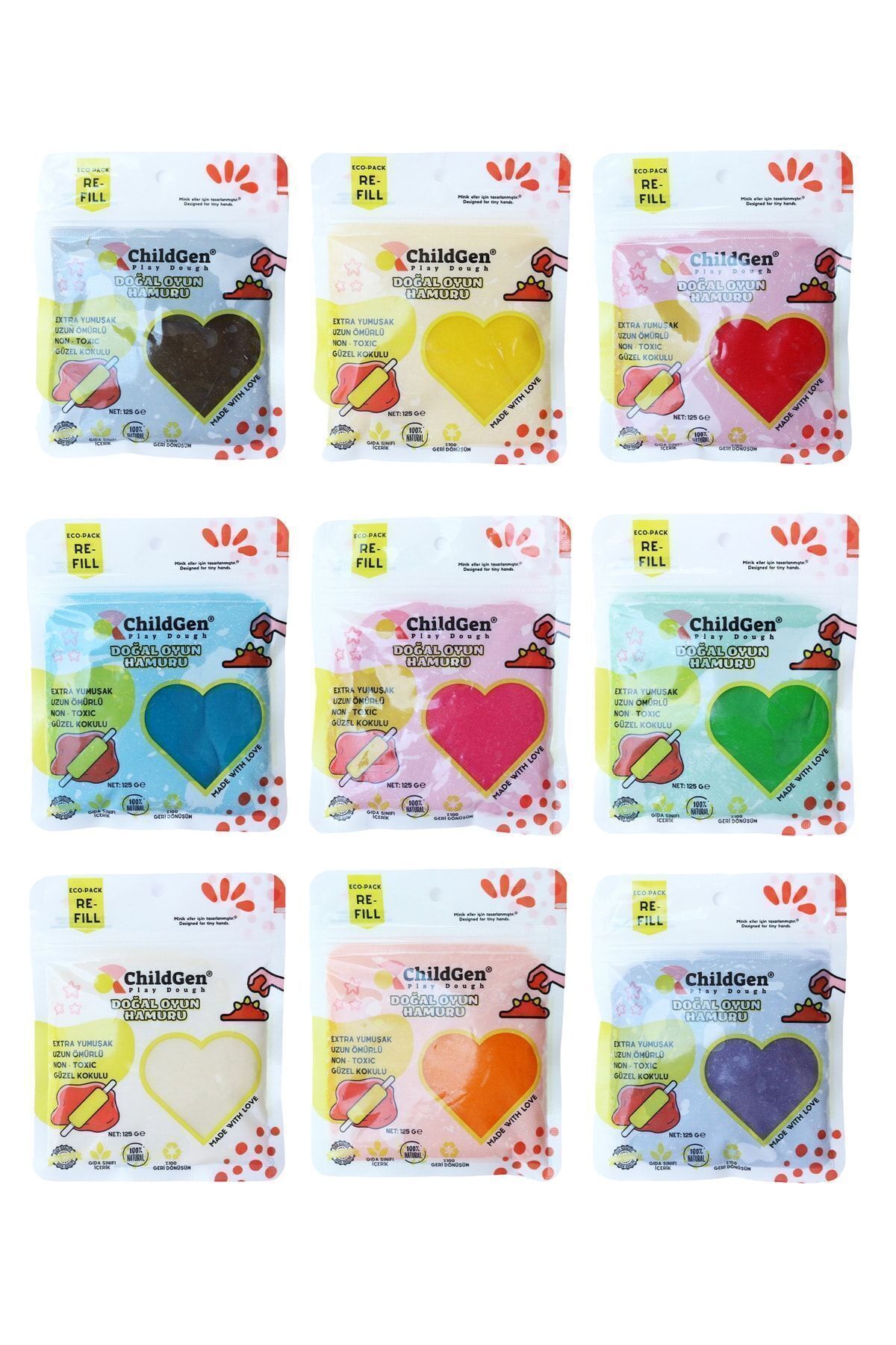 Doğal Oyun Hamuru - 9’lu 9x125 Gram Vakumlu Kartuş Paket - (ecopack-refill)