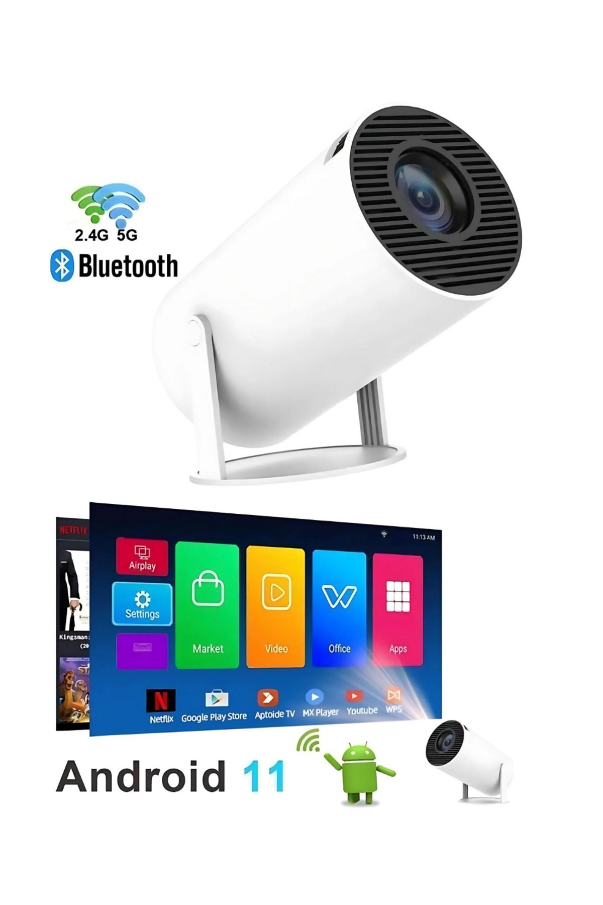 Projeksiyon Cihazı Taşınabilir Sinema Projeksiyon 720p Ev Sineması Bluetooth Android 11 Akıllı Proje