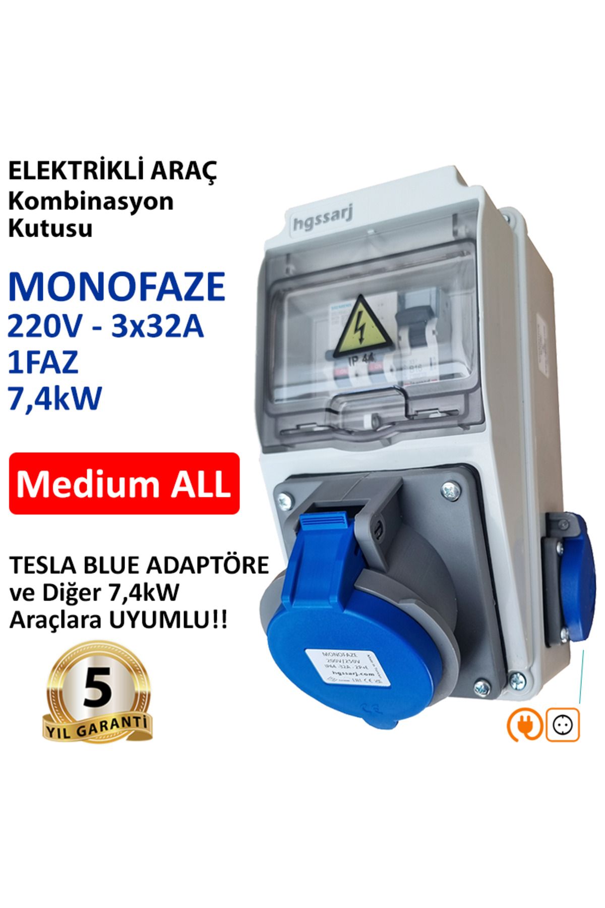 Elektrikli Araç Kombinasyon Kutusu, Tesla Blue Adaptöre Uyumlu,  ''Medium ALL'' 3x32A + 1x16A