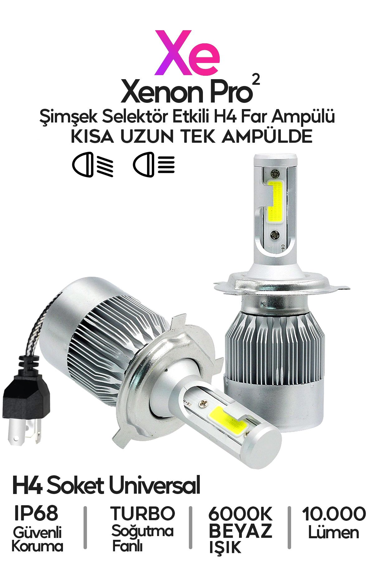 Yeni Model - Zenon H4 Led Araba Far Ampül Xenon Led Uzun Kısa 10800 Lümen Şimşek Etkili 6000k