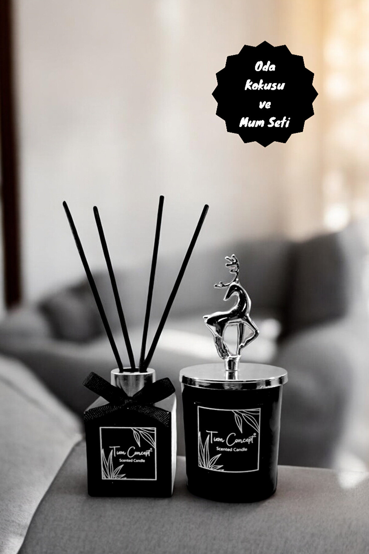 Yılbaşına Özel Hediyelik Gümüş Geyik Detaylı Çubuklu Oda Kokusu 100 ml Ve Siyah Bardak Mum Seti