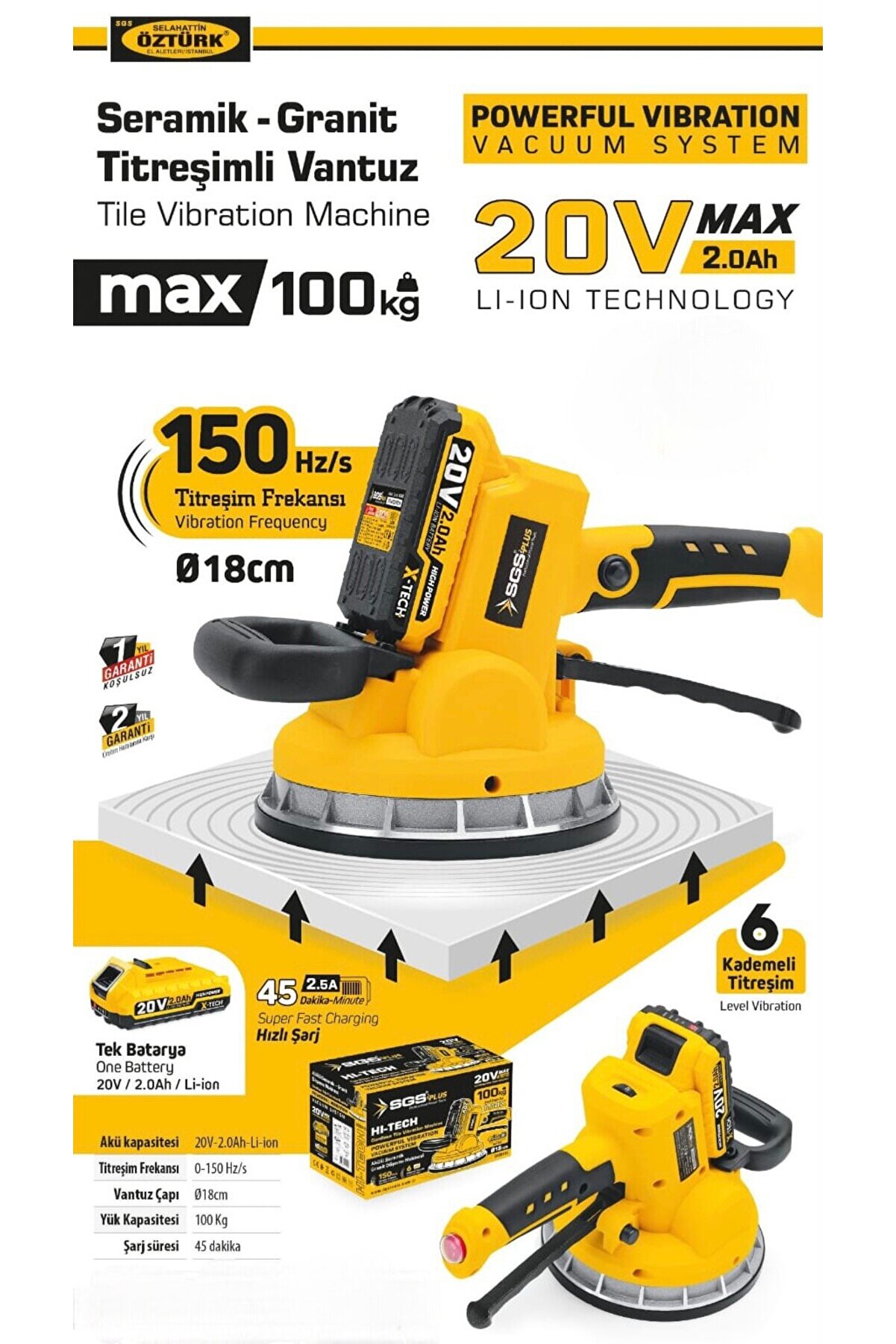 KÖLNER SGS5415 - 20 Volt 2 Amper Akülü Titreşimli Vantuz Seramik Granit Mermer  Döşeme Makinesİ
