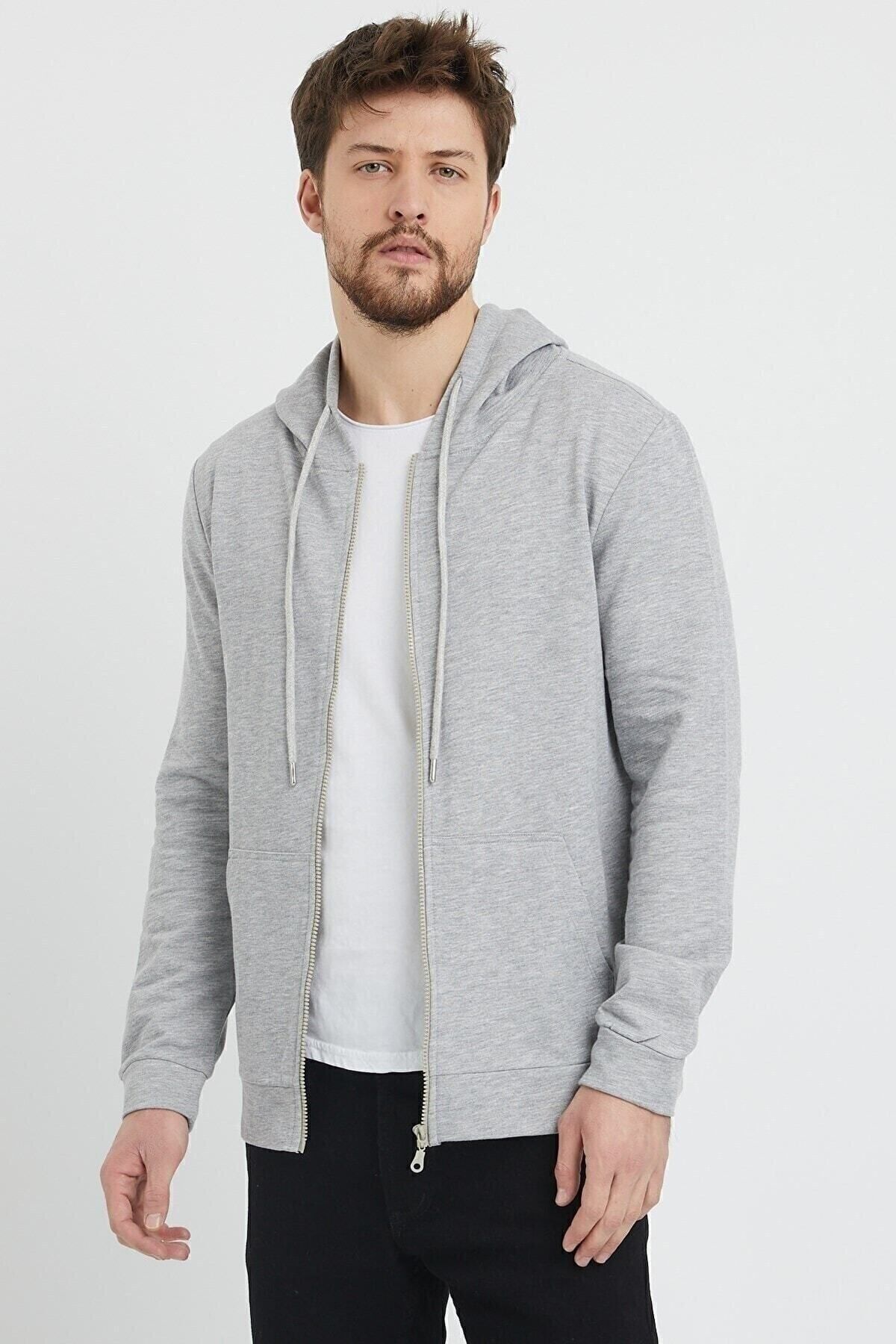 3 Iplık Erkek Gıri Fermuarlı Kapşonlu Sweatshirt Hırka