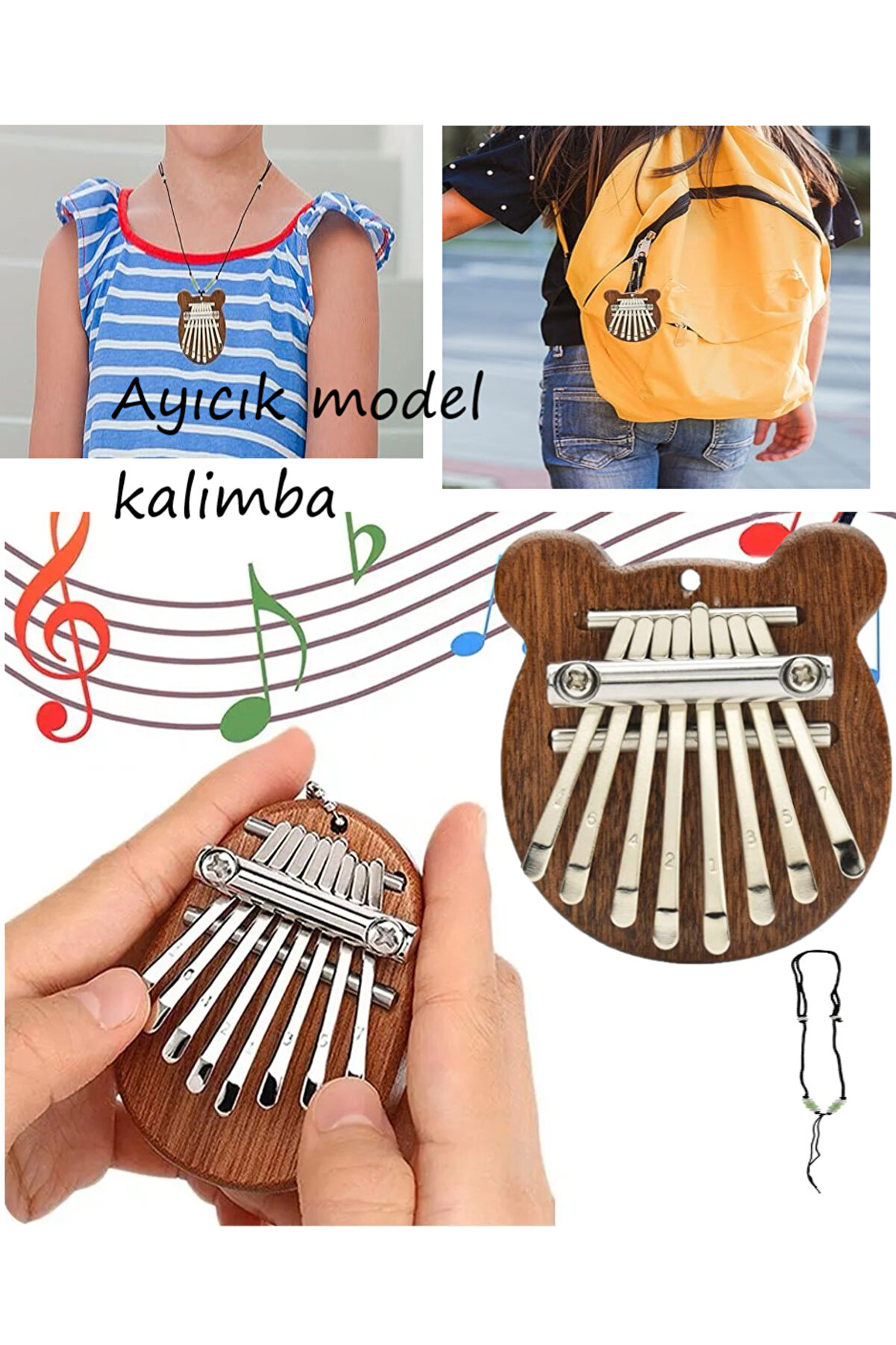 Ahşap Mini Kalimba 8 Tuşlu Ayıcık Model Kalimba Anahtarlık Çanta Veya Boyuna Asılabilir İpli