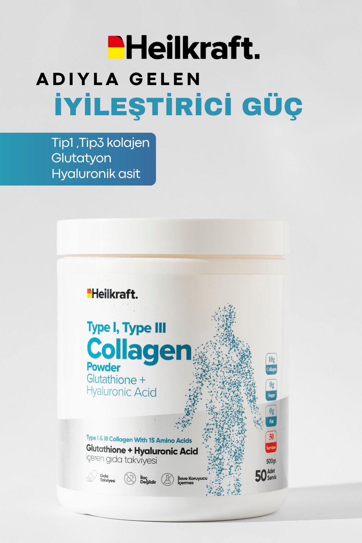 %100 Hidrolize Kolajen, Glutatyon, Hyaluronic Acid Ve 15 Amino Asit Içeren Gıda Takviyesi 50 Günlük