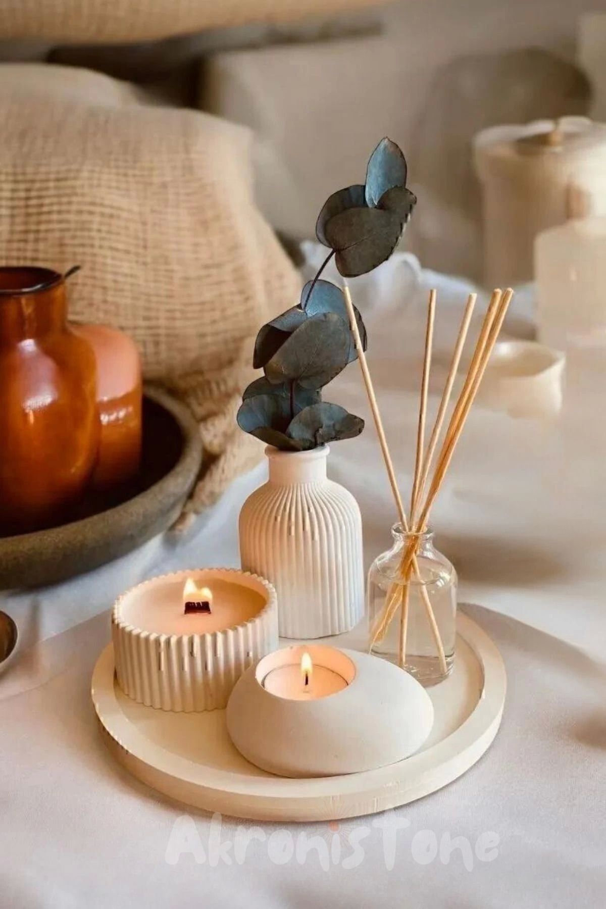 Dekoratif Tepside 5 Li Set Vazo, Vanilya Kokulu Mum, Tealight Mumluk Ve Dekoratif Şişe