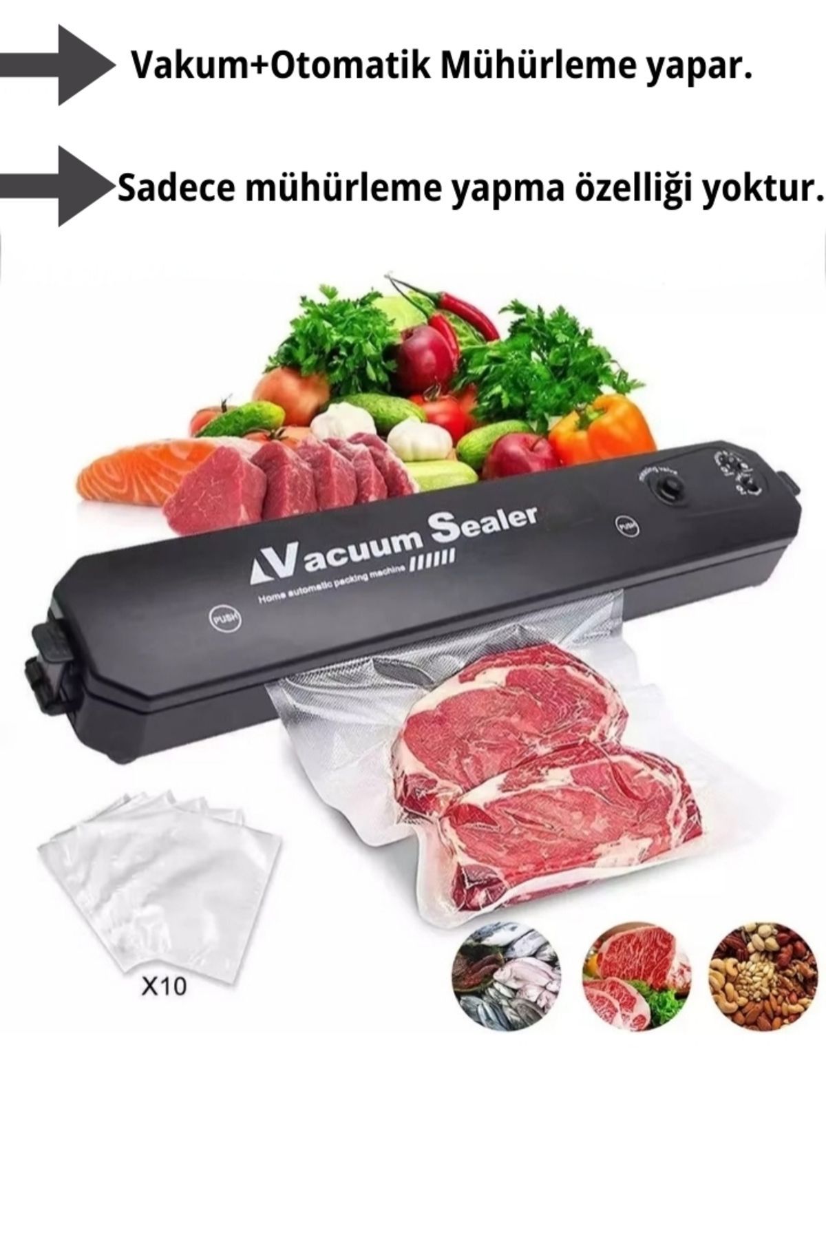 Vacuum Sealer Gıda Vakum Ve Mühürleme Makinesi + 10 Adet Vakum Torbası