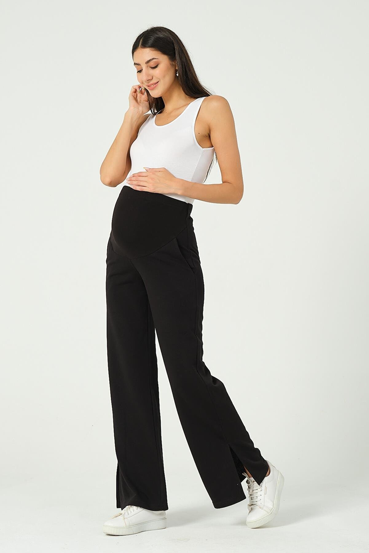 Hamile Esnek Karın Bantlı Yandan Yırtmaçlı Beli Ayarlanabilir Alt Eşofman SİYAH