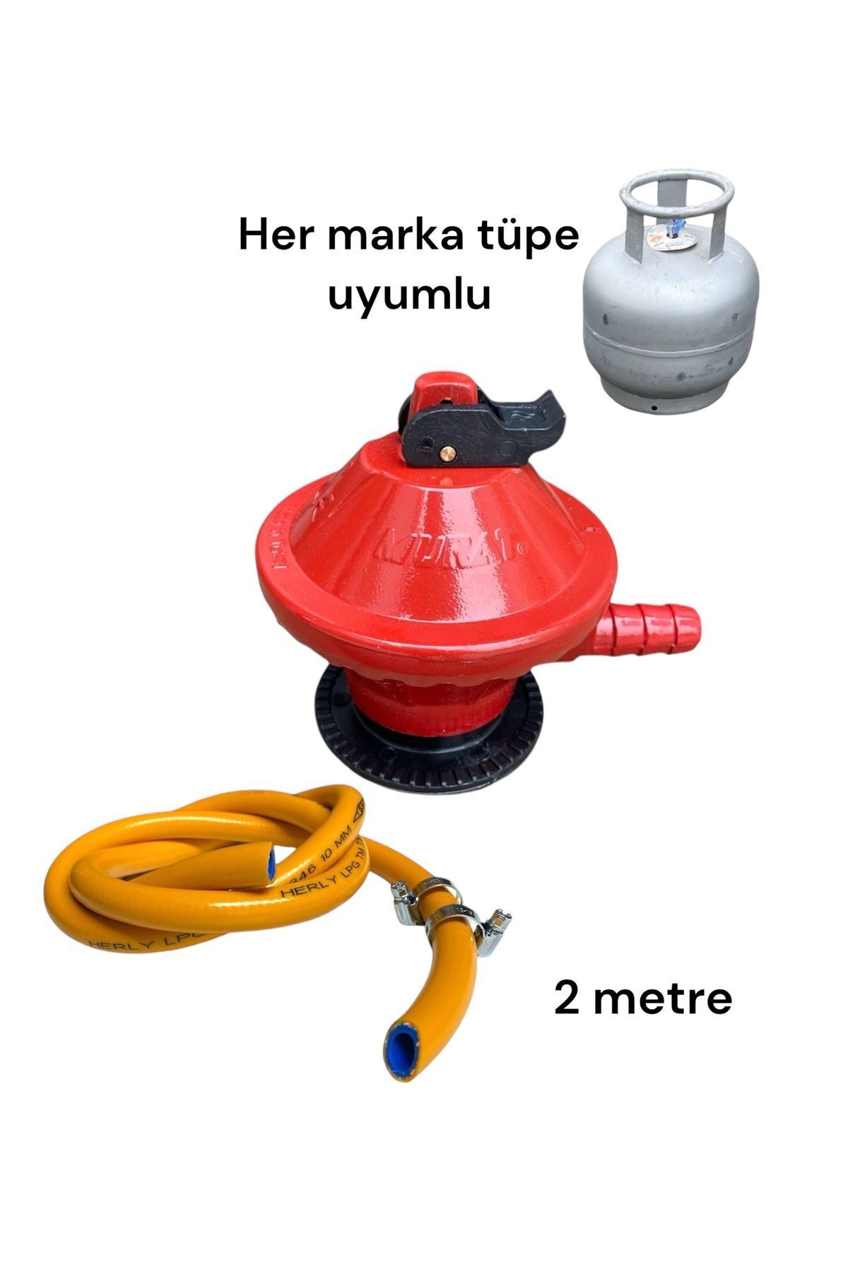 Ev tüpü başlığı 12kg tüp dedantör 2metre hortum 2 kelepçe Aygaz İpragaz milangaz her markaya uyumlu