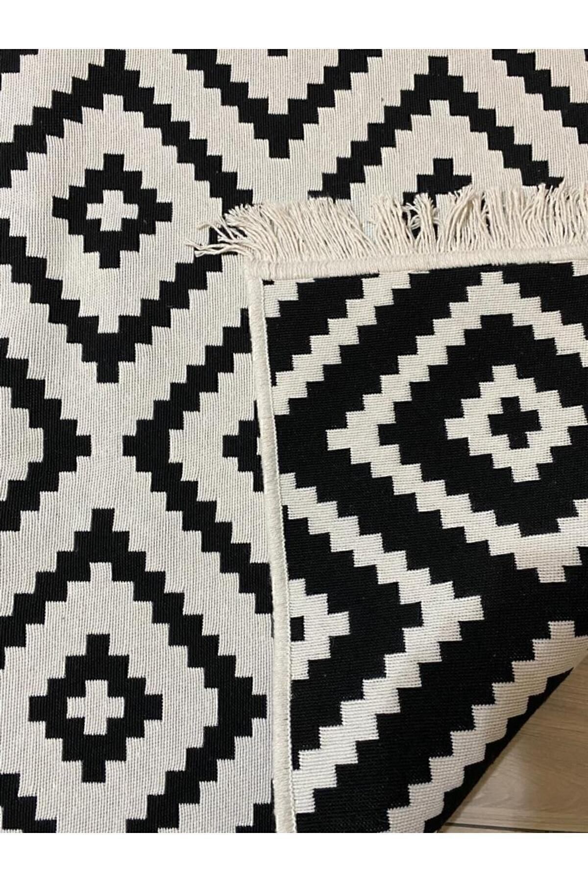 Kilim Çift Taraflı Modern Desenli Yıkanabilir Pamuklu Dokuma 1. Kalite Kilim Siyah Beyaz Yolluk