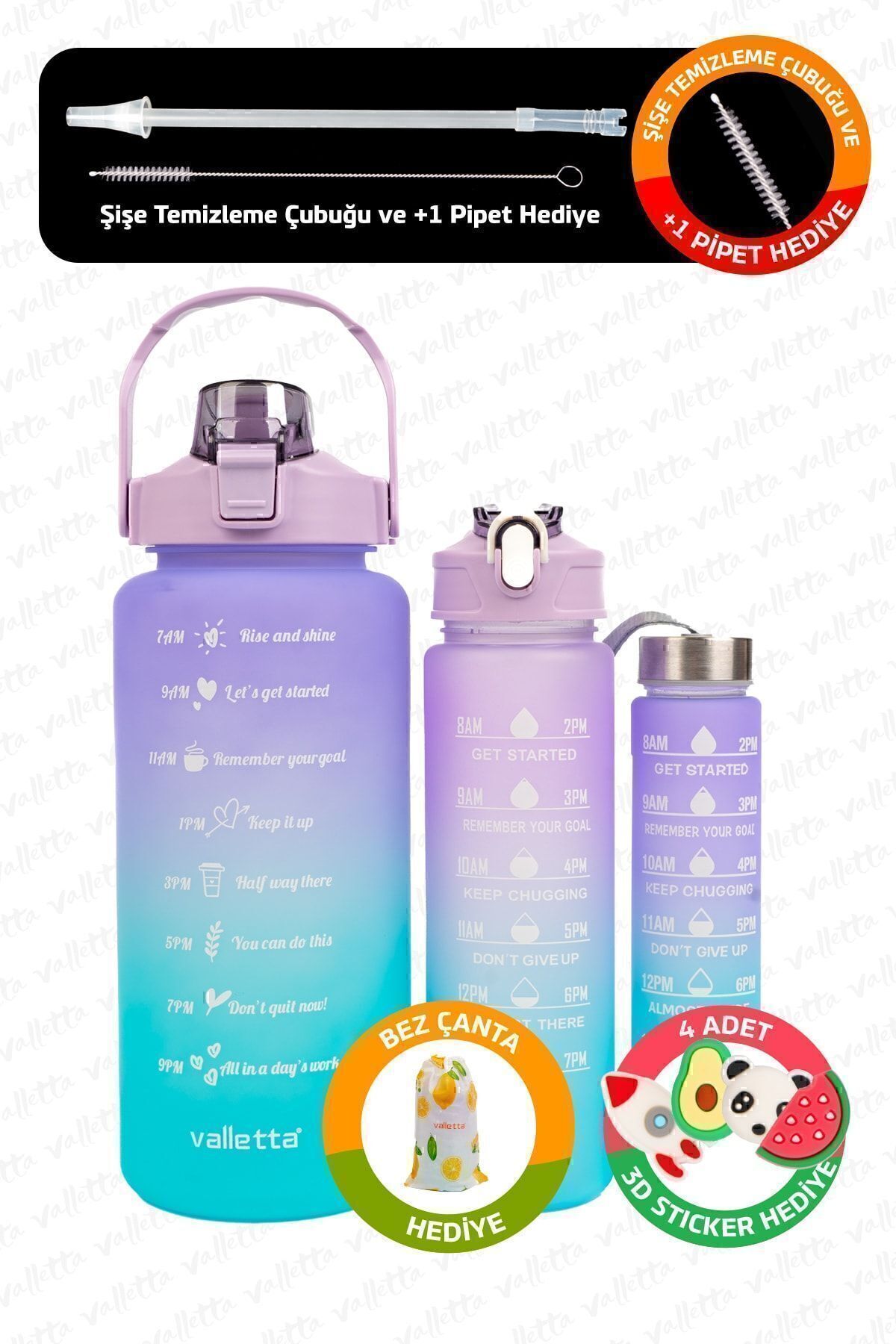 Eldorado 3lü Set Bpa Içermez Motivasyonel Su Matarası Mor Su Matarası,su Şişesi,suluk