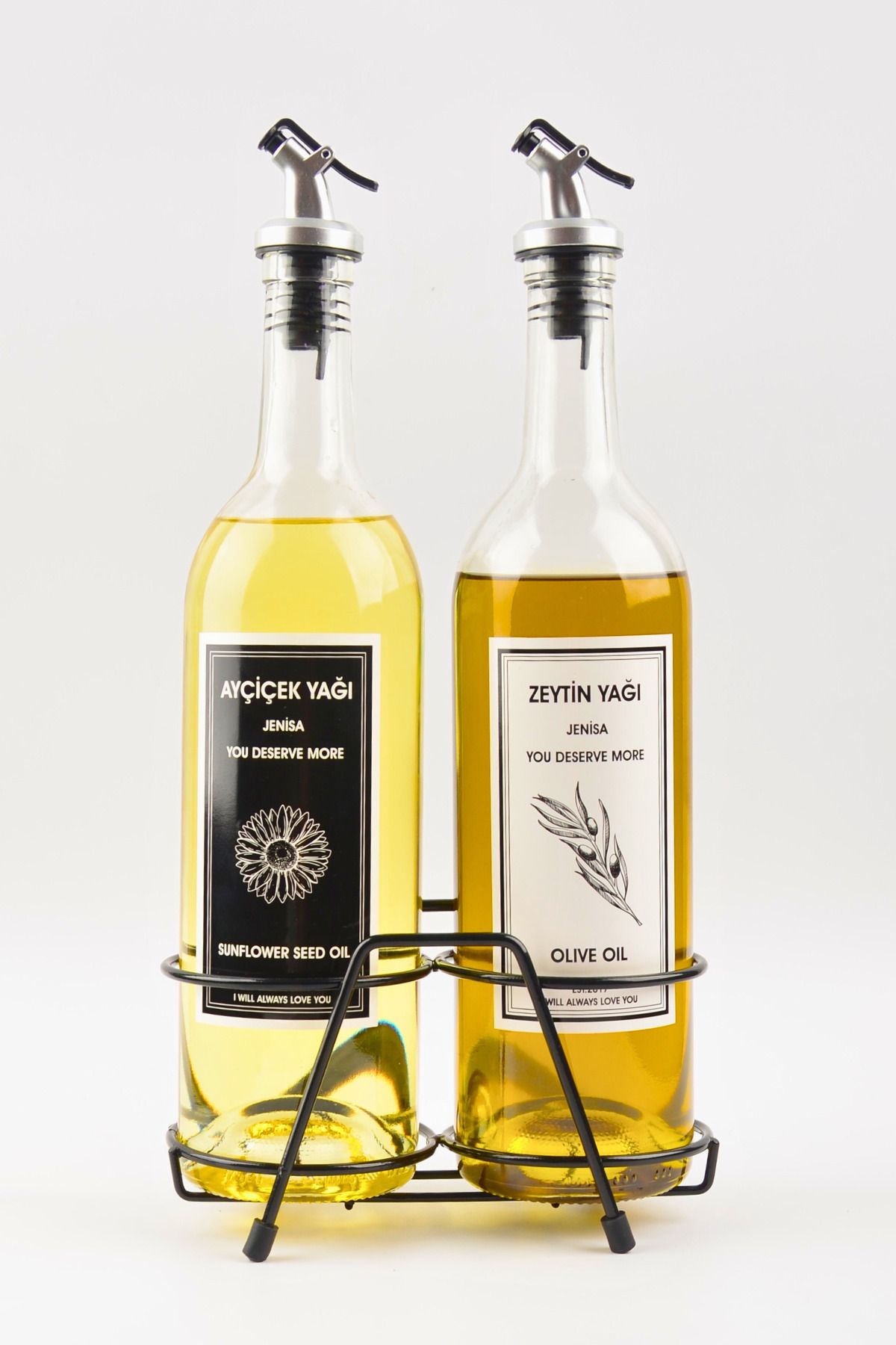 Şeffaf 750 Ml Siyah Beyaz Etiketli Siyah Standlı Akıtıcılı Yağlık Yağdanlık