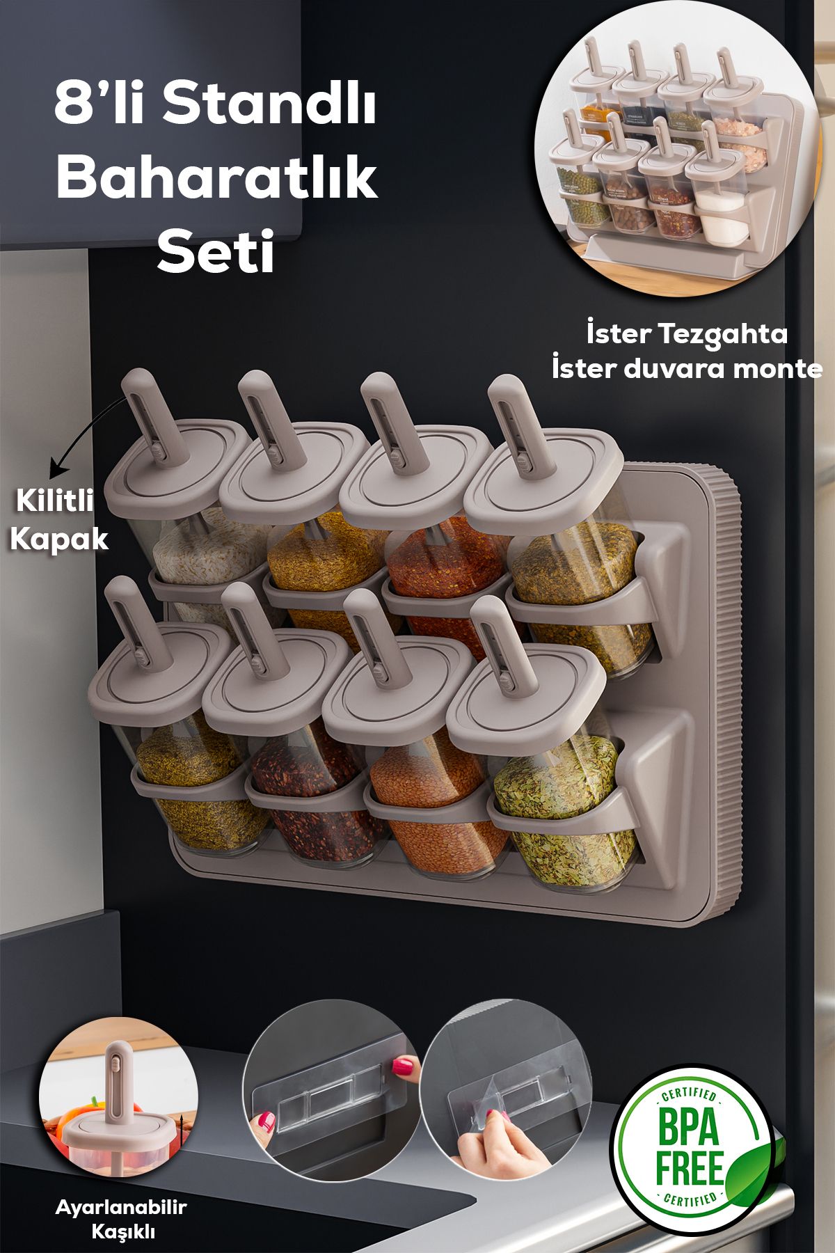 1123 8li Etiketli Asmalı Kendinden Yapışkanlı Tezgah Üstü Standlı Döner Kapaklı Baharatlık Seti