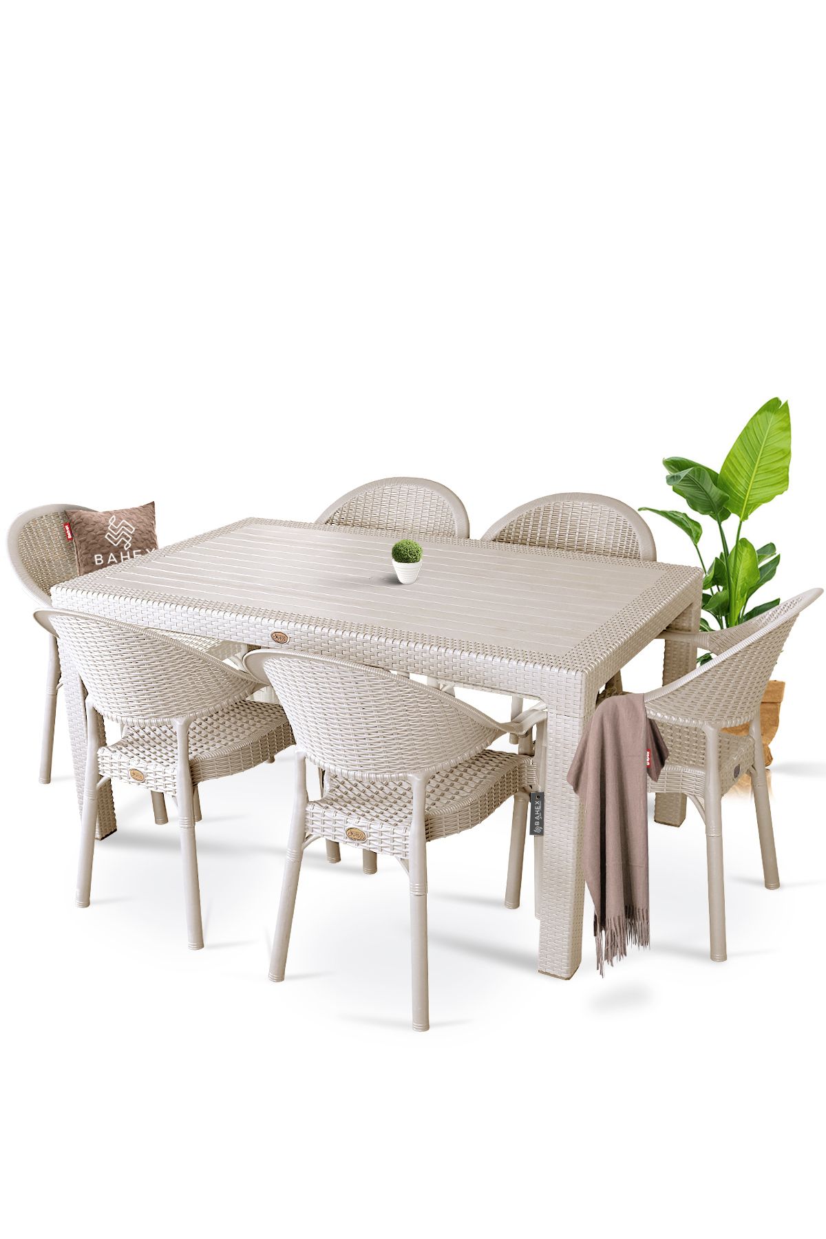 Bambu Pro 90x150cm Rattan Bahçe Balkon Masa Takımı 6 Kişilik Camsız Set Cappuccino