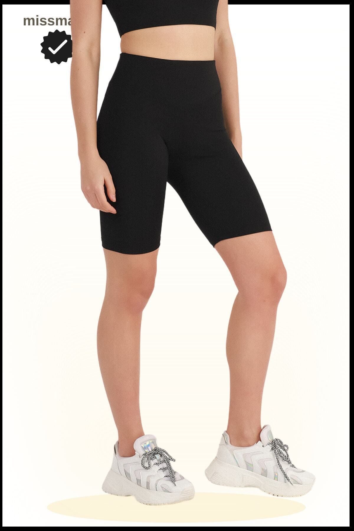 Kadın Siyah Yüksek Bel Toparlayıcı Tayt Kısa Spor Şort Deniz > Havuz > Spor Biker Shorts 1070