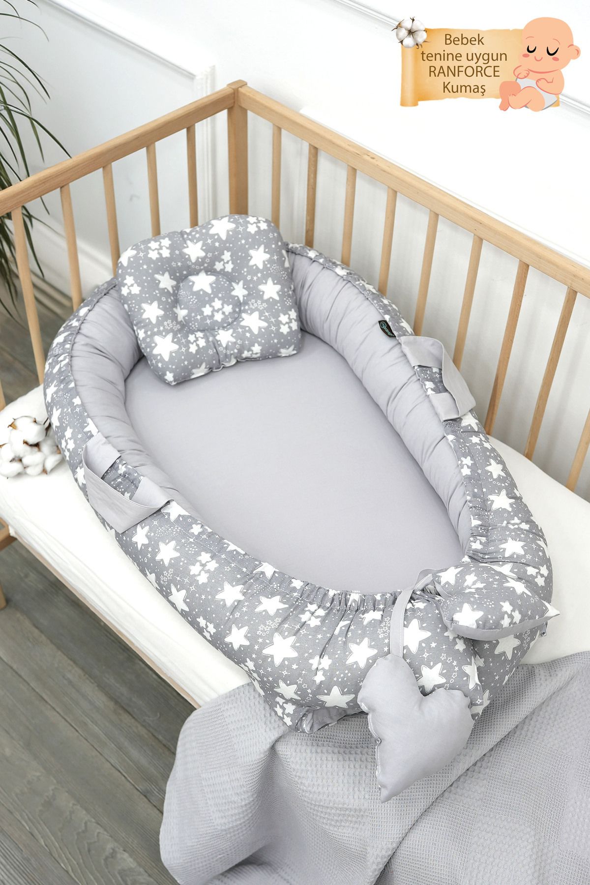 Babynest Ortopedik Bebek Yatağı, Anne Yanı Bebek Yatağı, Ergonomik Tasarım, Big Stars Serisi, Gri