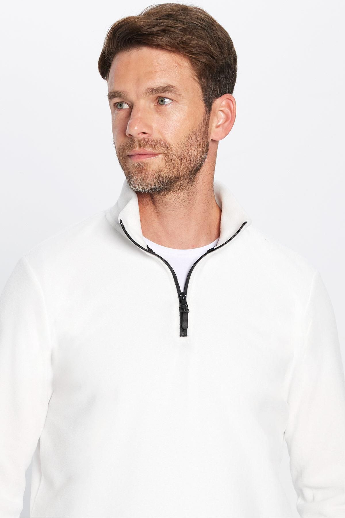 Unisex Standart Fit Anti-pilling Tüylenme Yapmayan Soğuk Geçirmez Ekru Dik Yaka Polar Sweatshirt