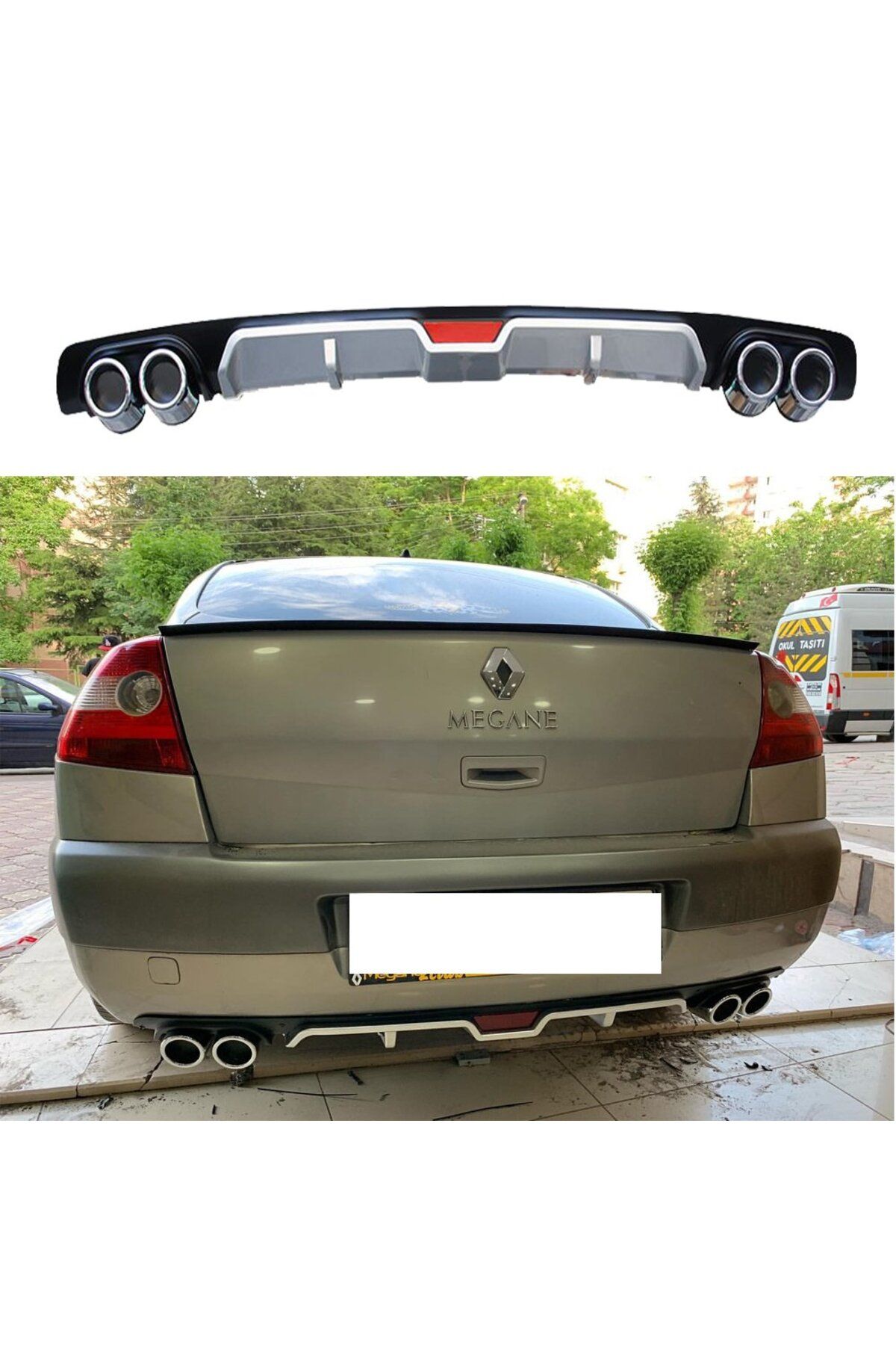 Renault Megane Uyumlu  2 Sedan Arka Tampon Eki Difüzör Gri 4 Egzoz Çıkışlı
