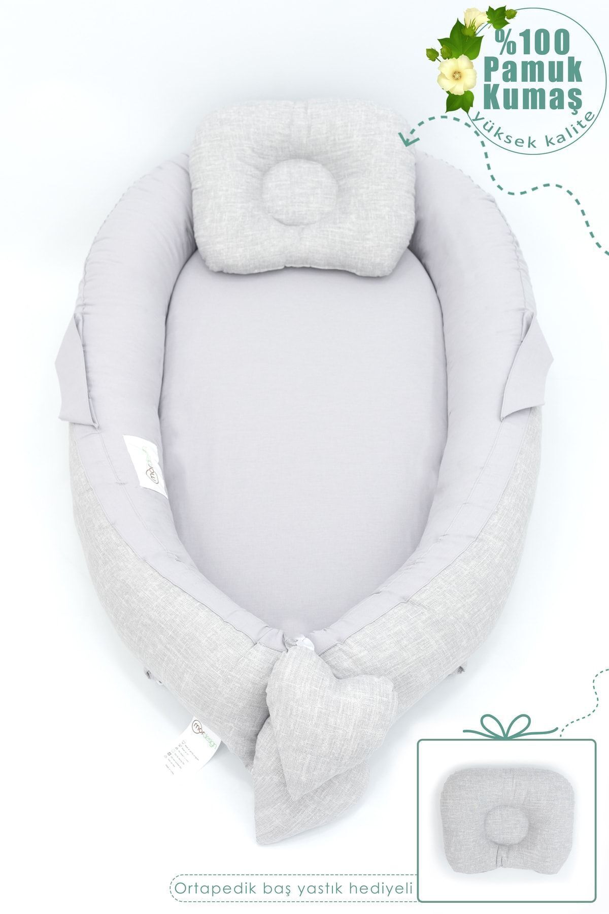 Babynest Ortopedik Bebek Yatağı, Anne Yanı Bebek Yatağı, Ergonomik Tasarım, Gökkuşağı Serisi, Gri