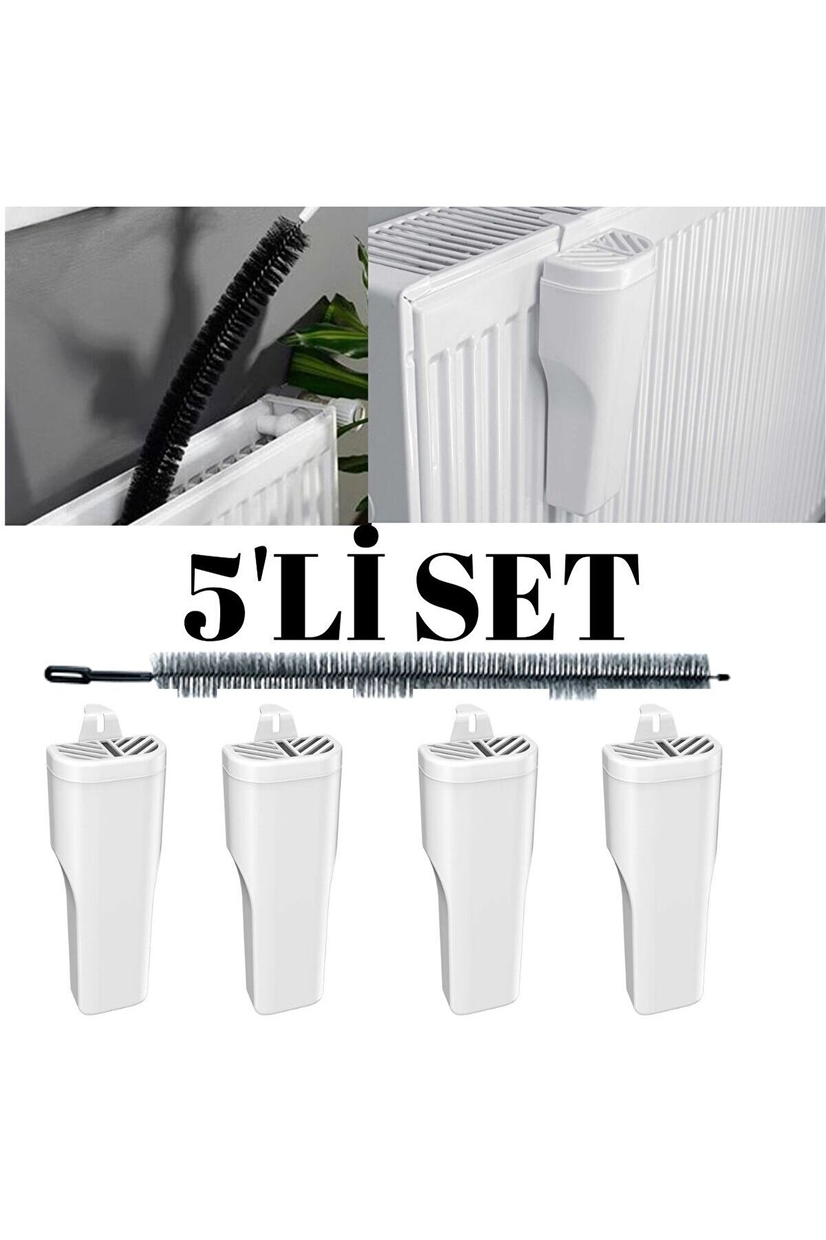 5'li Set- 4 Adet Oda Nemlendirici Kalorifer Petek Suluğu,1 Petek Temizleyici, Deco