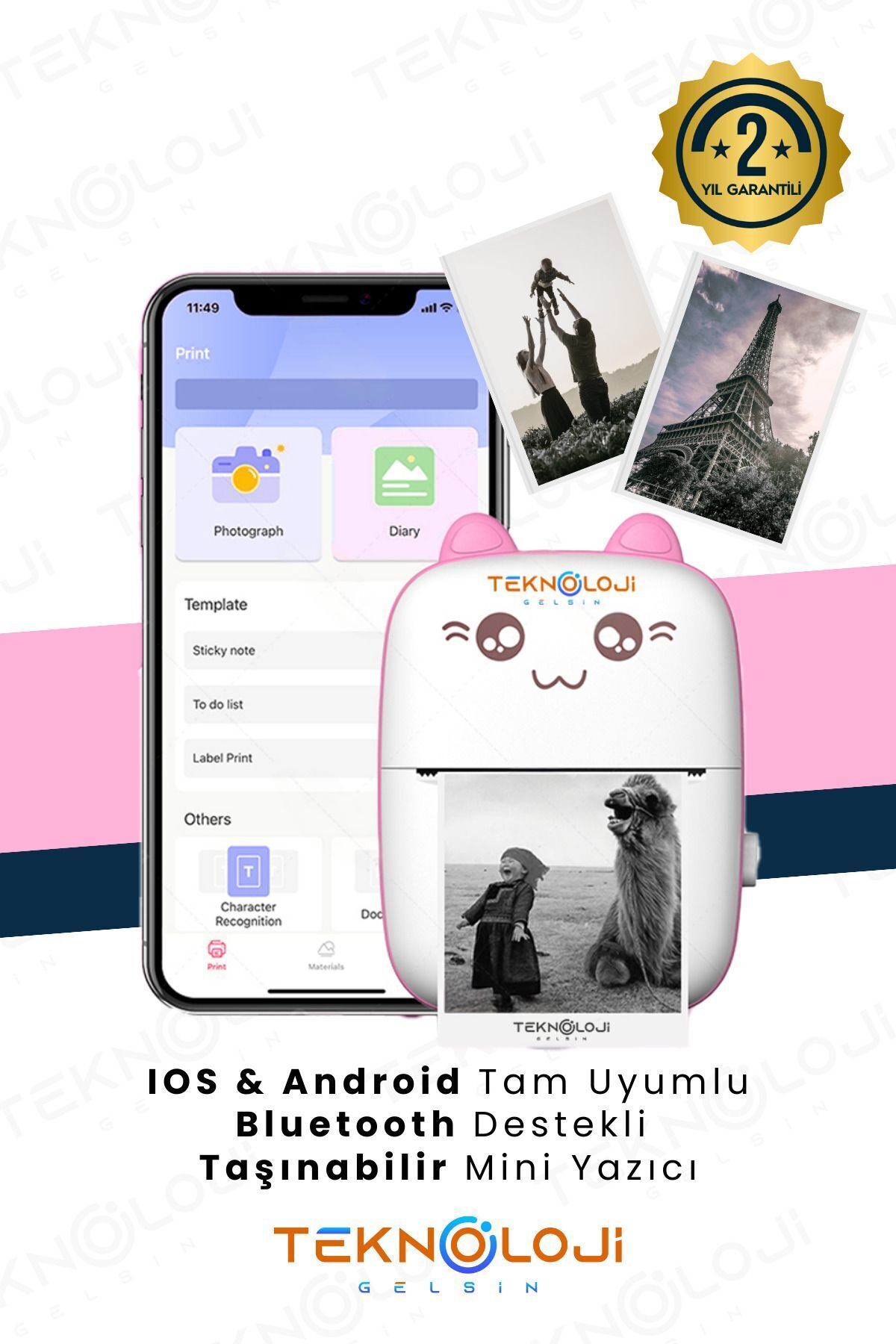 Mini Cep Yazıcı Taşınabilir Bluetooth Kablosuz Şarjlı 6 Rulo 3 Kalem Seti Hediye Pembe Yazıcı