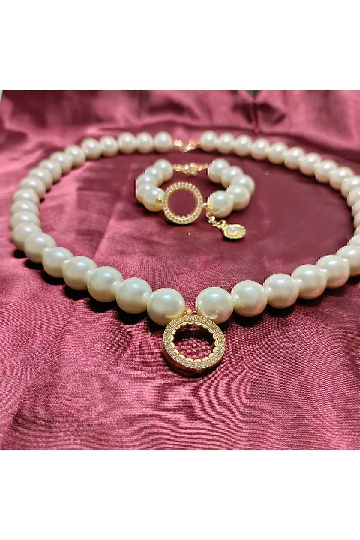 İncili Çeyrekli Bileklik ve Kolye Set