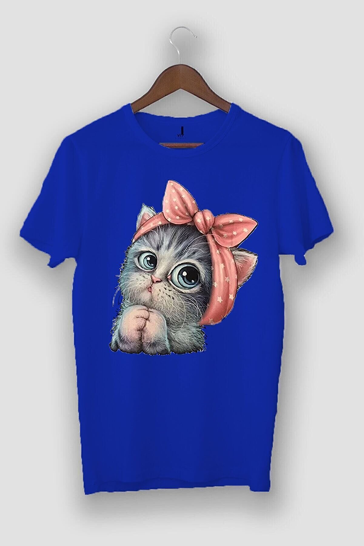 Griland Oversize Unisex Saks Rengi Sevimli Minik Kedi Baskılı T-shirt