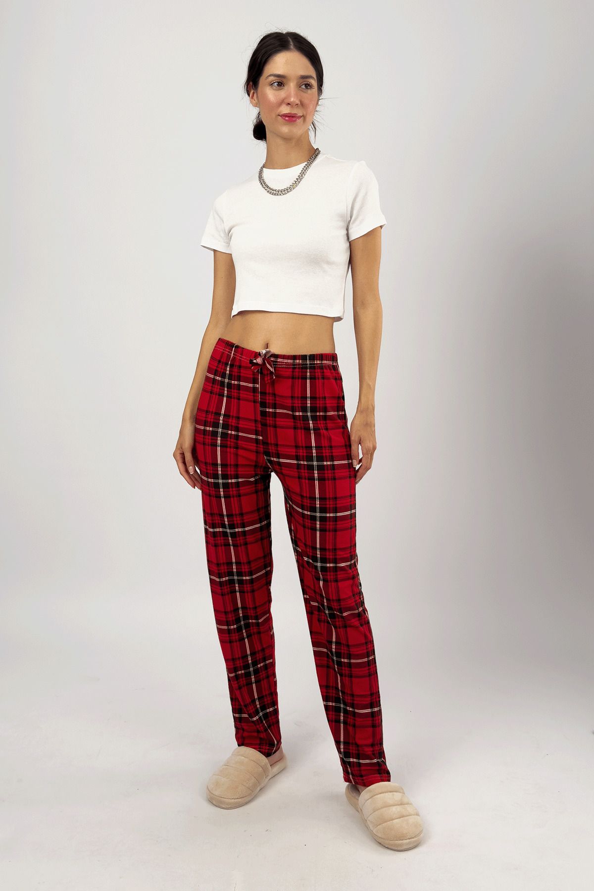 Kırmızı Siyah Beyaz Kadın Yumuşak Dokulu Pijama Altı Eşofman Pamuklu