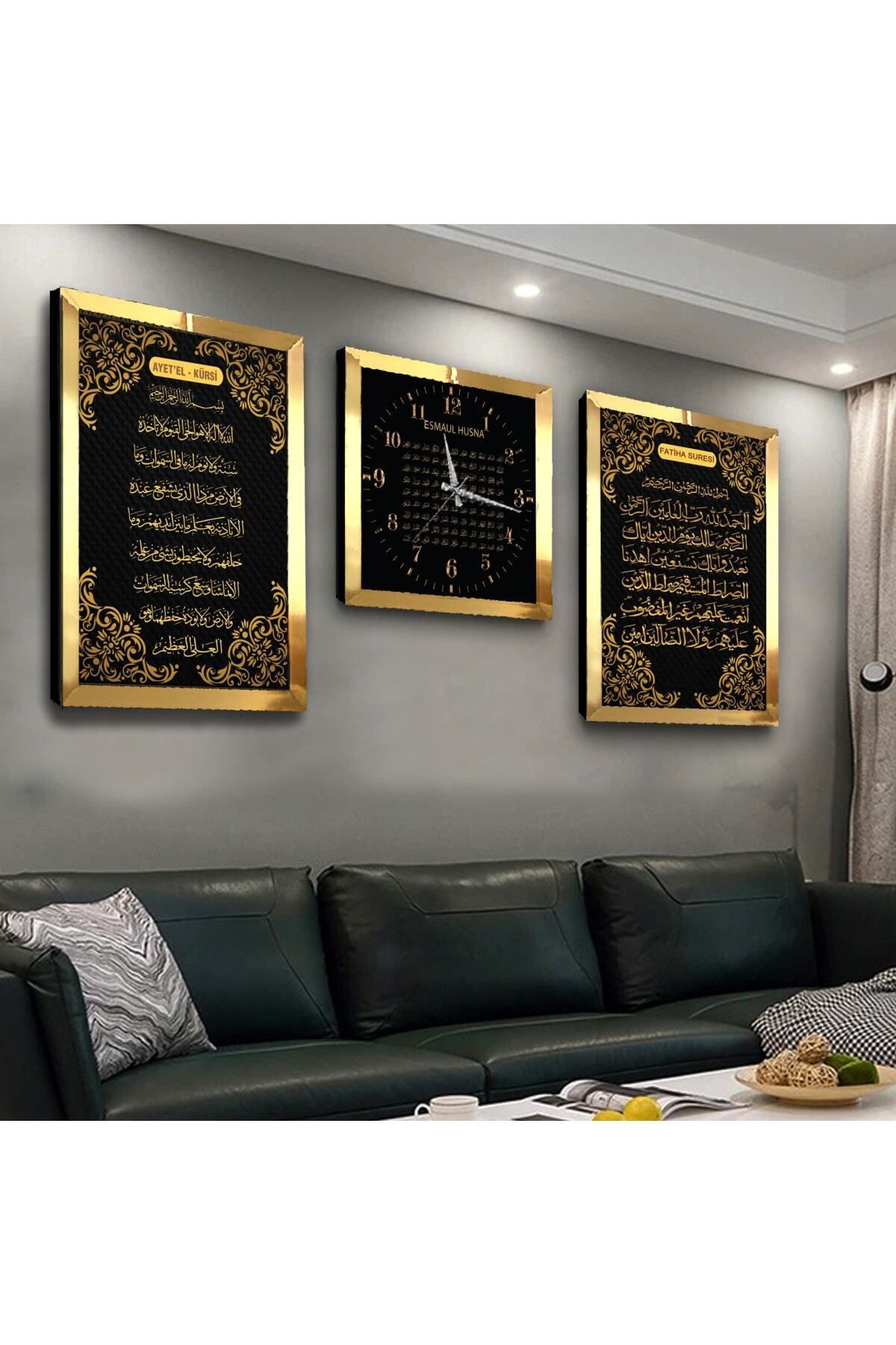 Gold Aynalı Pleksi Çerçeveli Ayetel Kürsi Fatiha Süresi Ve Esmaül Hüsna Üçlü Mdf Tablo Ve Saat Seti