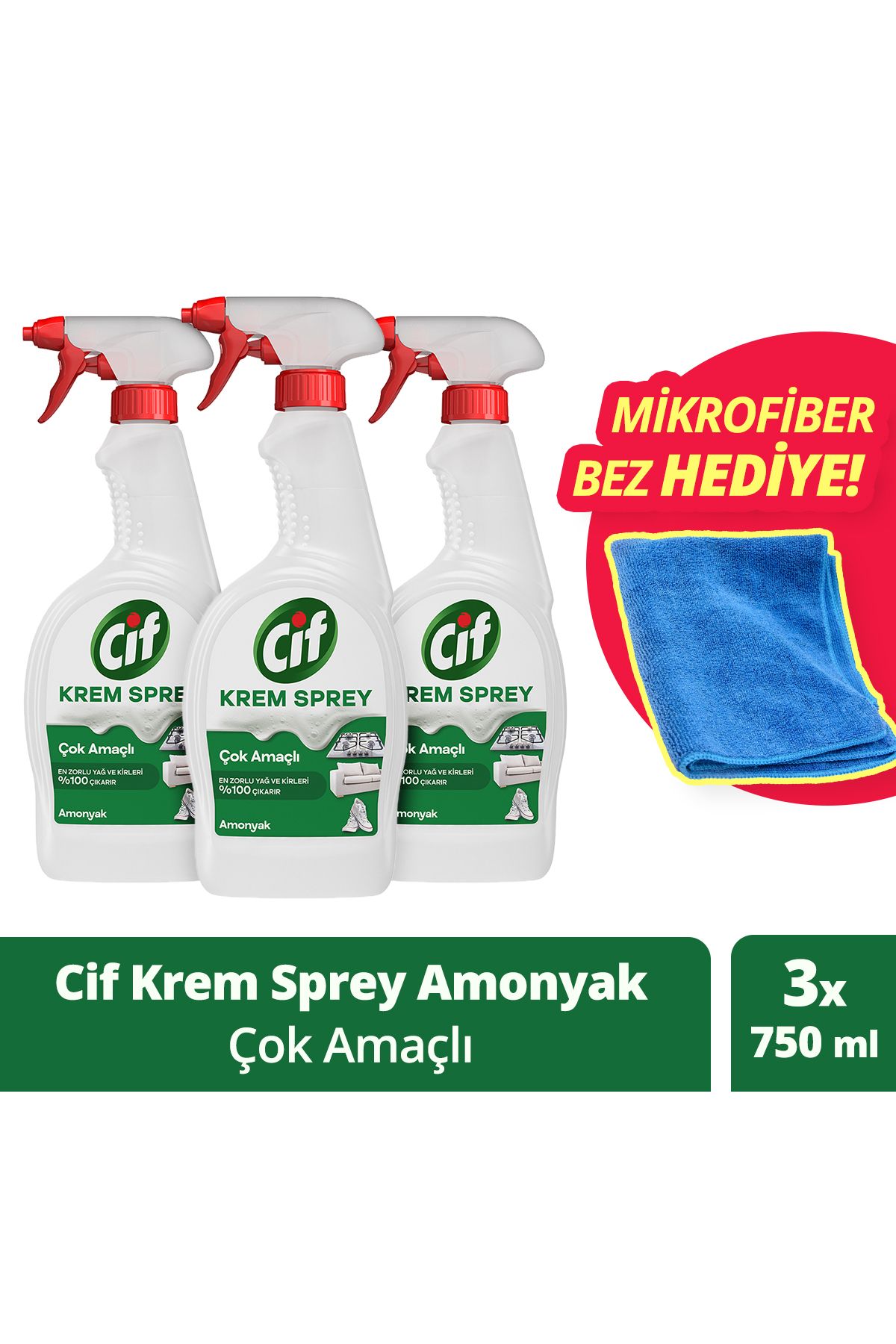 Krem Sprey Çok Amaçlı Yüzey Temizleyici 750 ml X 3adet Mikrofiber Bez