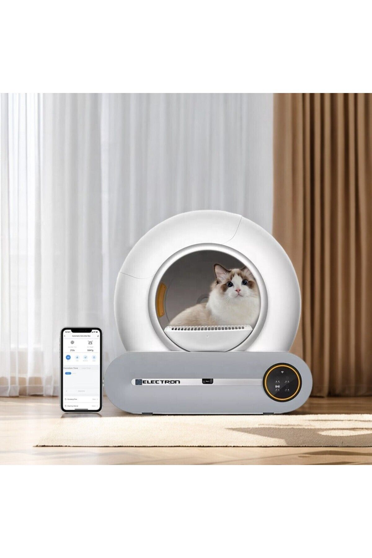 Kedi Tuvaleti Otomatik-kum Kabı (APP KONTROL, 65LT HAZNE, 9LT ÇÖP HAZNESİ,UV TEMİZLEME)