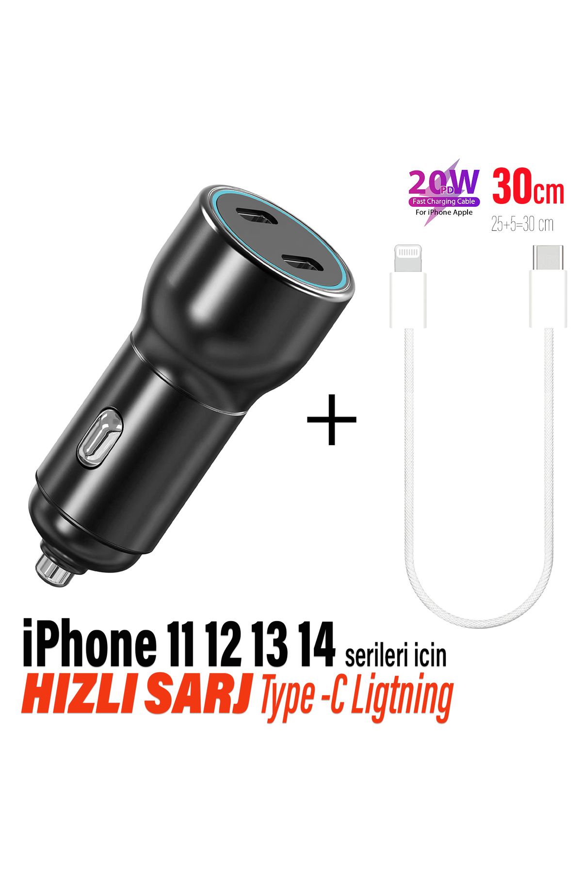 Hızlı Araç Şarj Aleti Iphone 11 12 13 14 Telefonlar Için 60w Hızlı Araba Şarjı Cihazı Ve 25cm Kablo