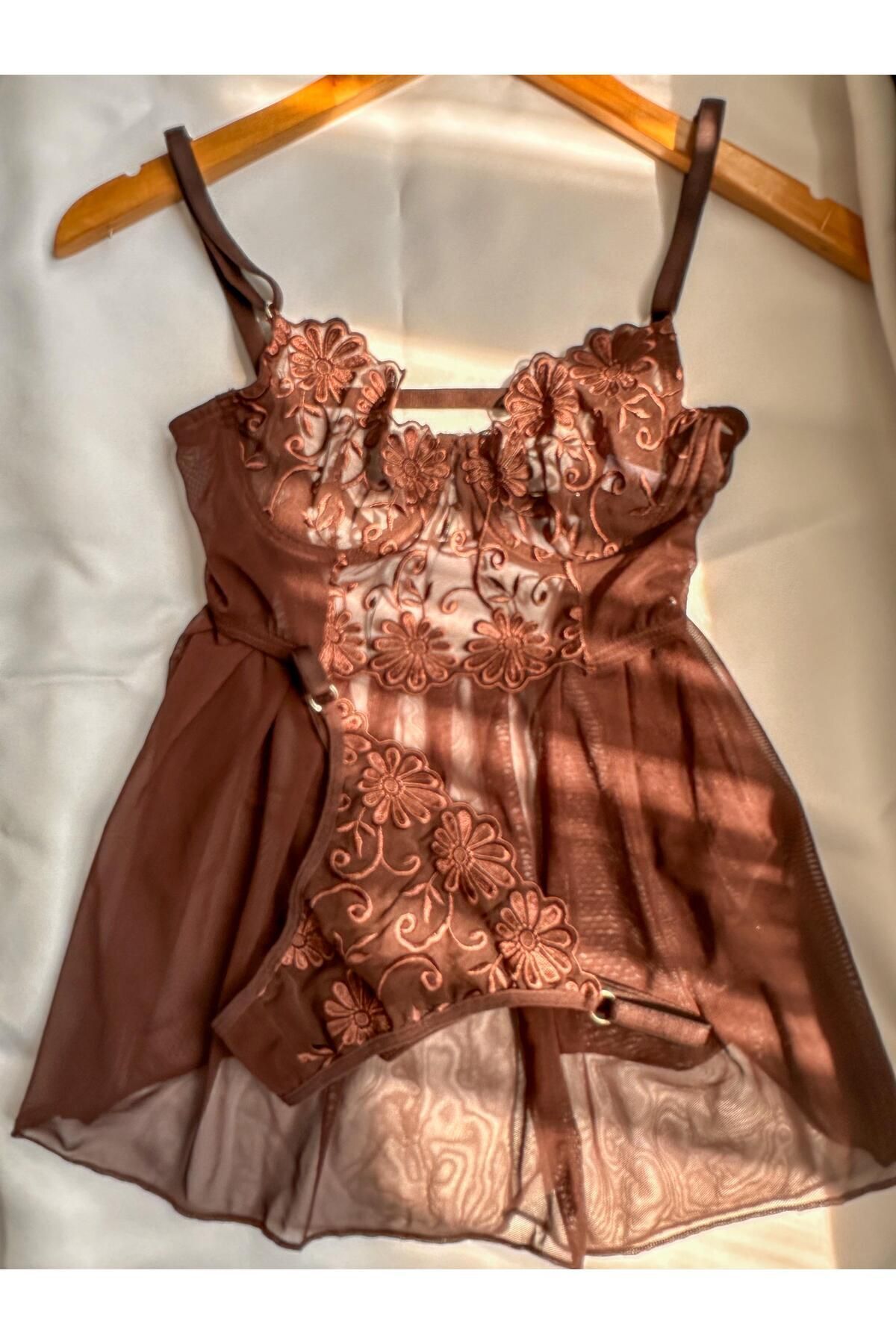 Brown Babydoll Set Gecelik Bralet Takım