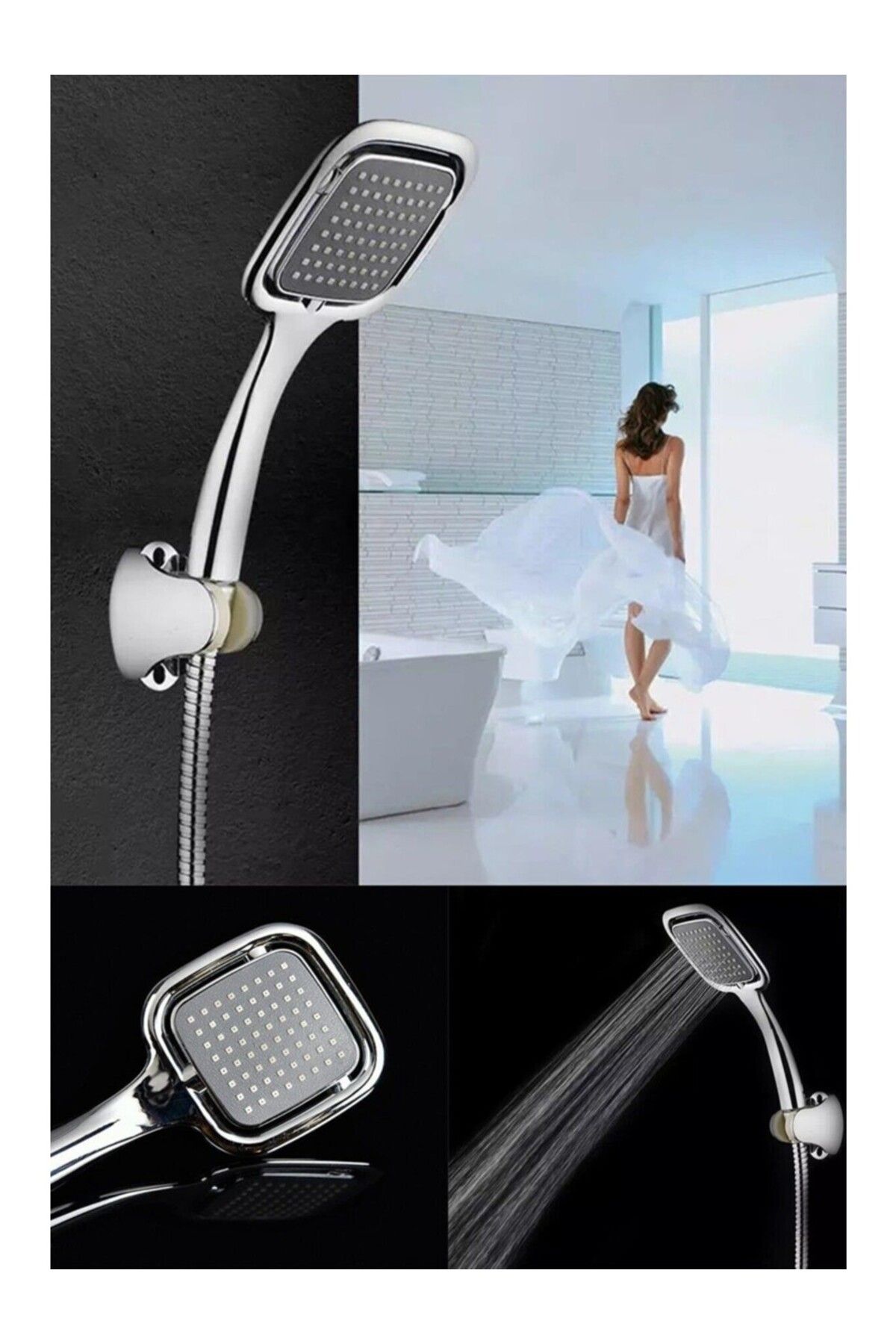 Siyah Kare Banyo Duş Seti Hortum Mafsal Ve Başlık Set