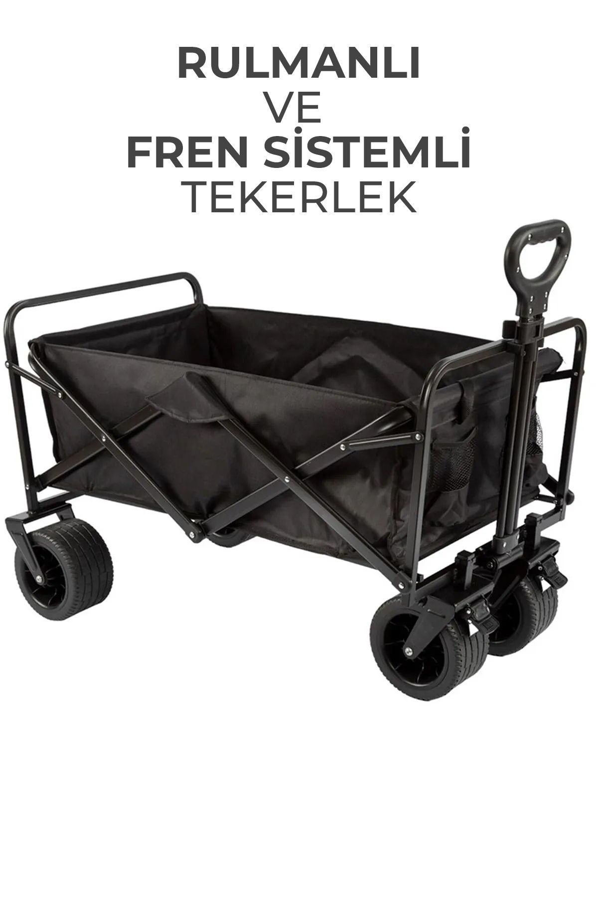 Fren Sistemli Rulmanlı Kalın Teker, Katlanır Vagon Plaj Ve Kamp Arabası - Siyah
