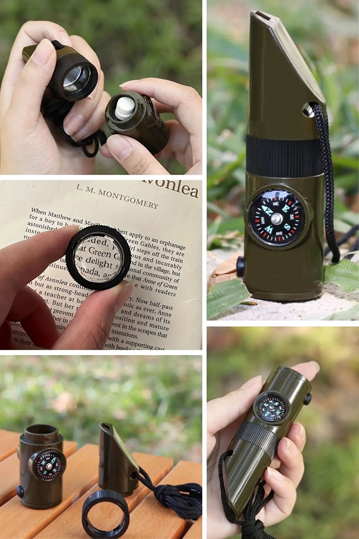 ® 7si 1arada Acil Durum Düdüğü,El Feneri, Termometre,Pusula,Büyüteç,Depolama Bölmeli Kampçı Dü