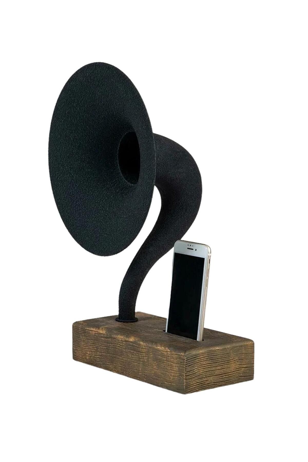Akustik Gramofon Eskitme Gold Ahşap Gövde / Siyah Metal Başlık