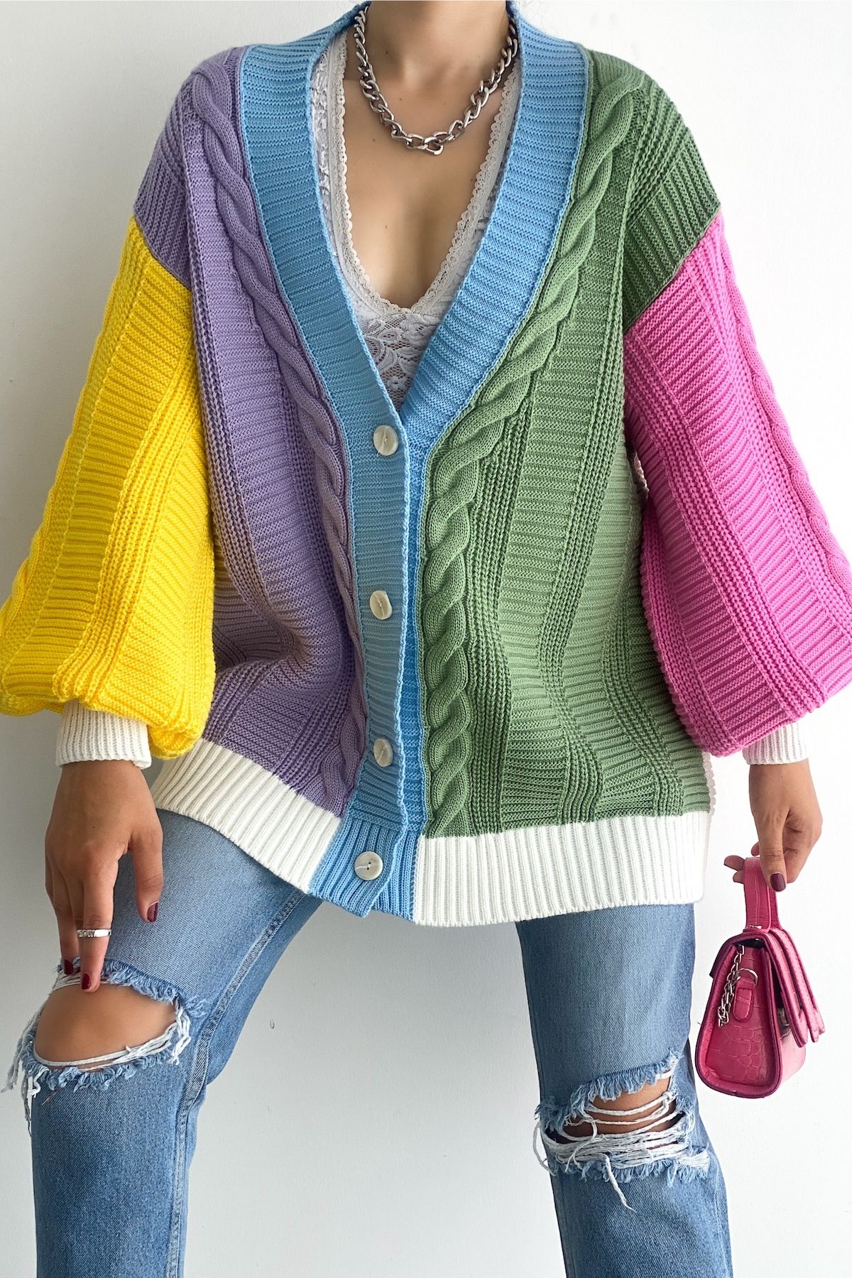 Kadın Standart Beden Çok Renkli Salaş Oversize Triko Hırka