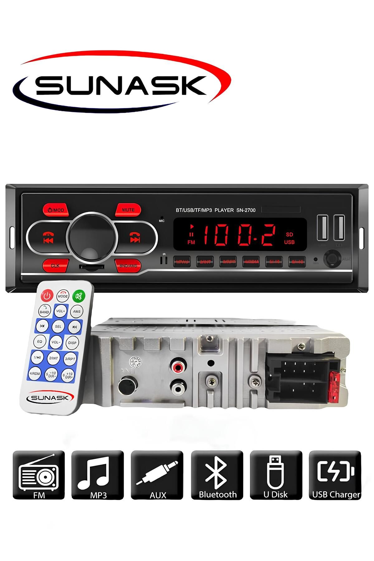 Sn-2700 Çift Usb Girişli Bluetooth Oto Teyp Araba Teybi Radyo Sd Aux Teyp Amfi Çıkışlı Kumandalı