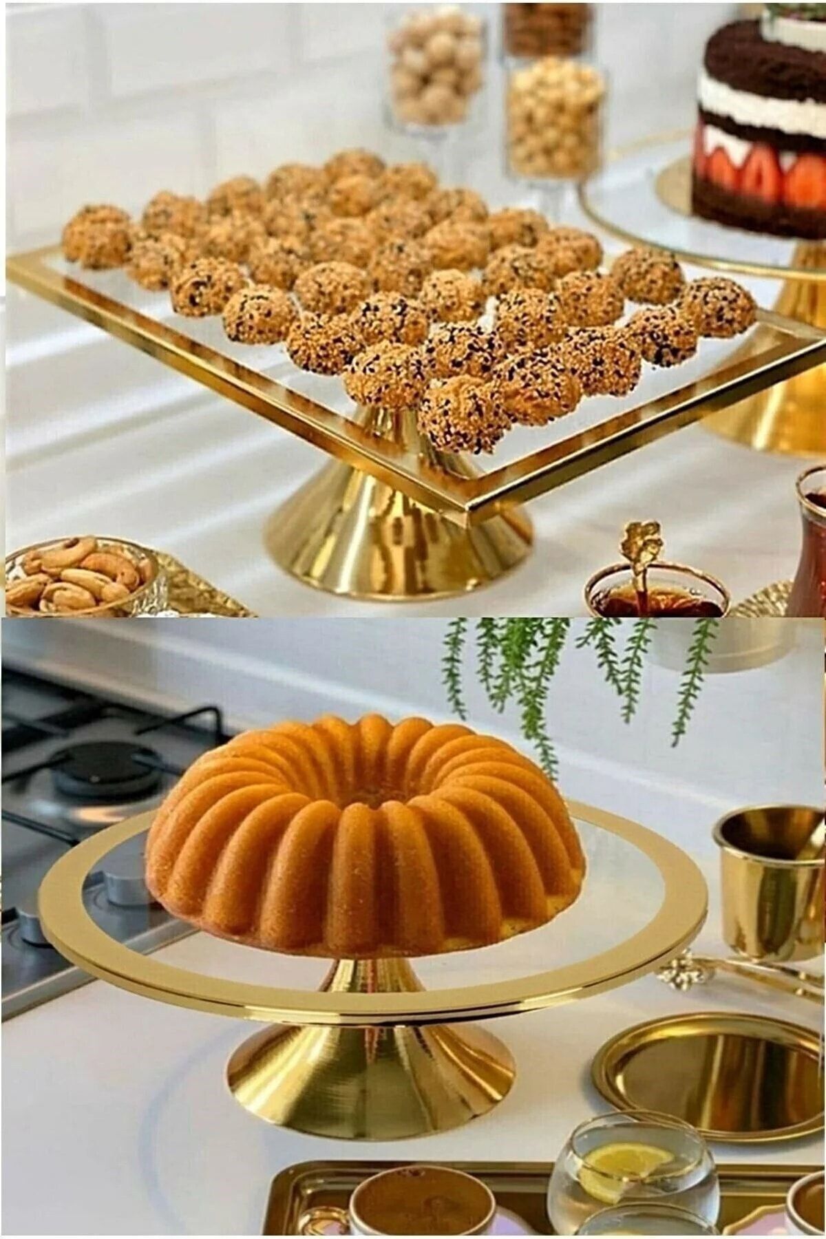 2 Parça Lüx Dikdörtgen Ve Yuvarlak Ayaklı Kek Ve Pasta Sunum Standı Çeyizlik