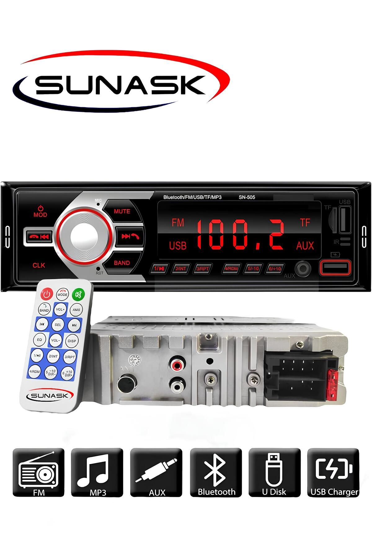 Sn-505 Çift Usb'li Bluetooth Oto Teyp Araba Teyibi Kumandalı Oto Teyip Mp3 Çalar Amfi Çıkışlı