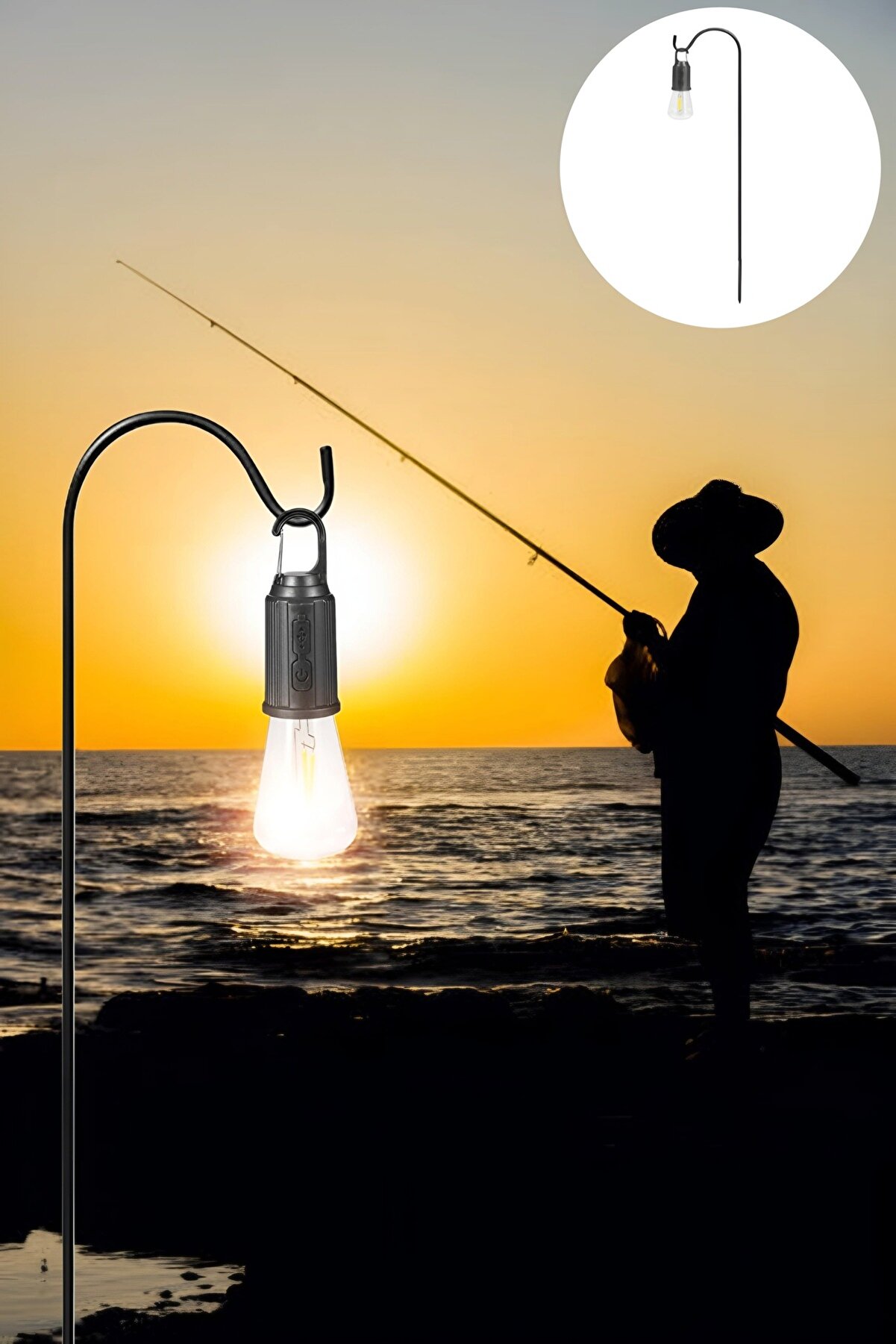 Şarjlı Balıkçı Lambası 3 Mod Kazıklı Standlı Akıllı Led Rustik Sarı Ampul Kamp Balıkçı Feneri